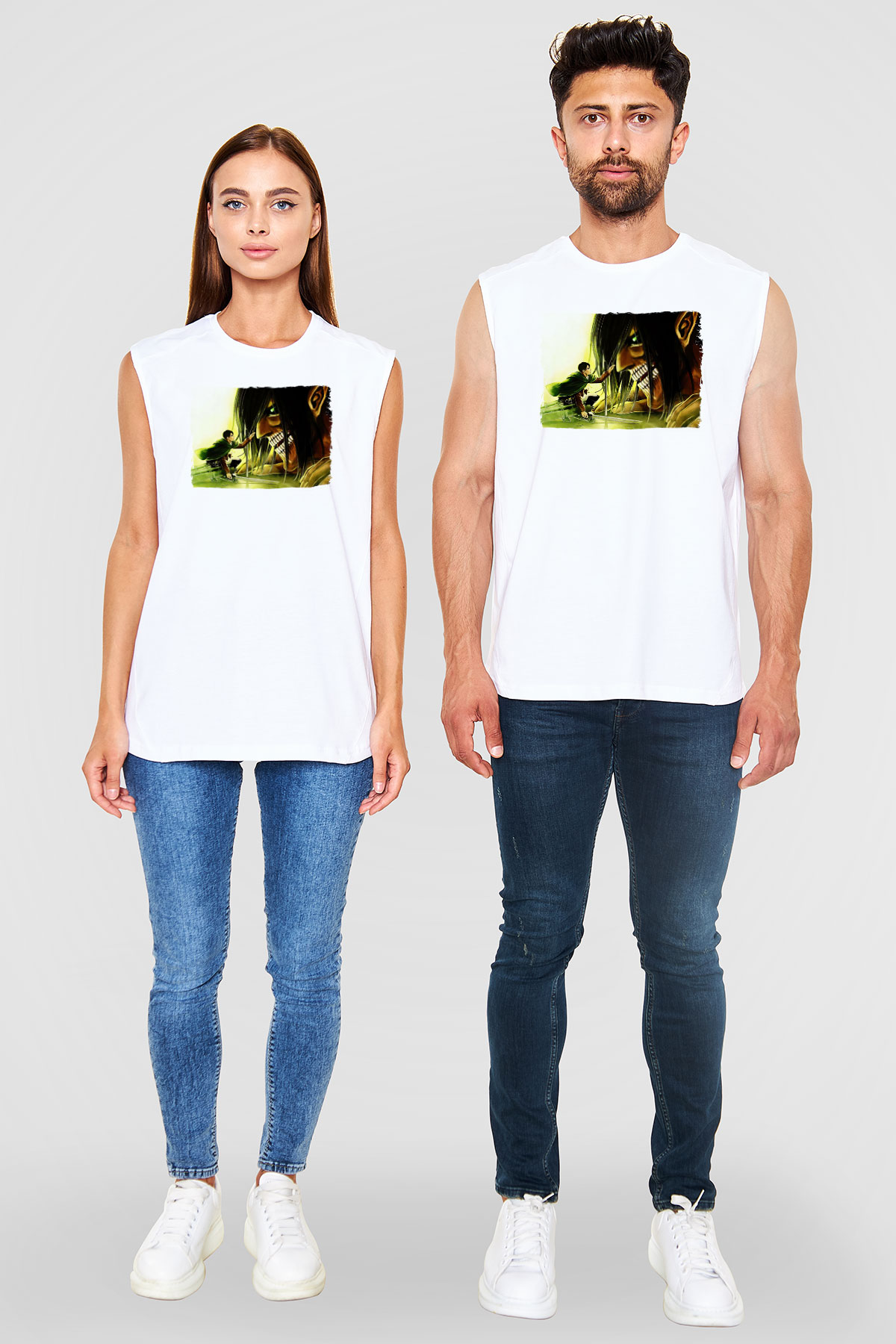 Attack On Titan Baskılı Beyaz Unisex Kolsuz Tişört - Tshirt