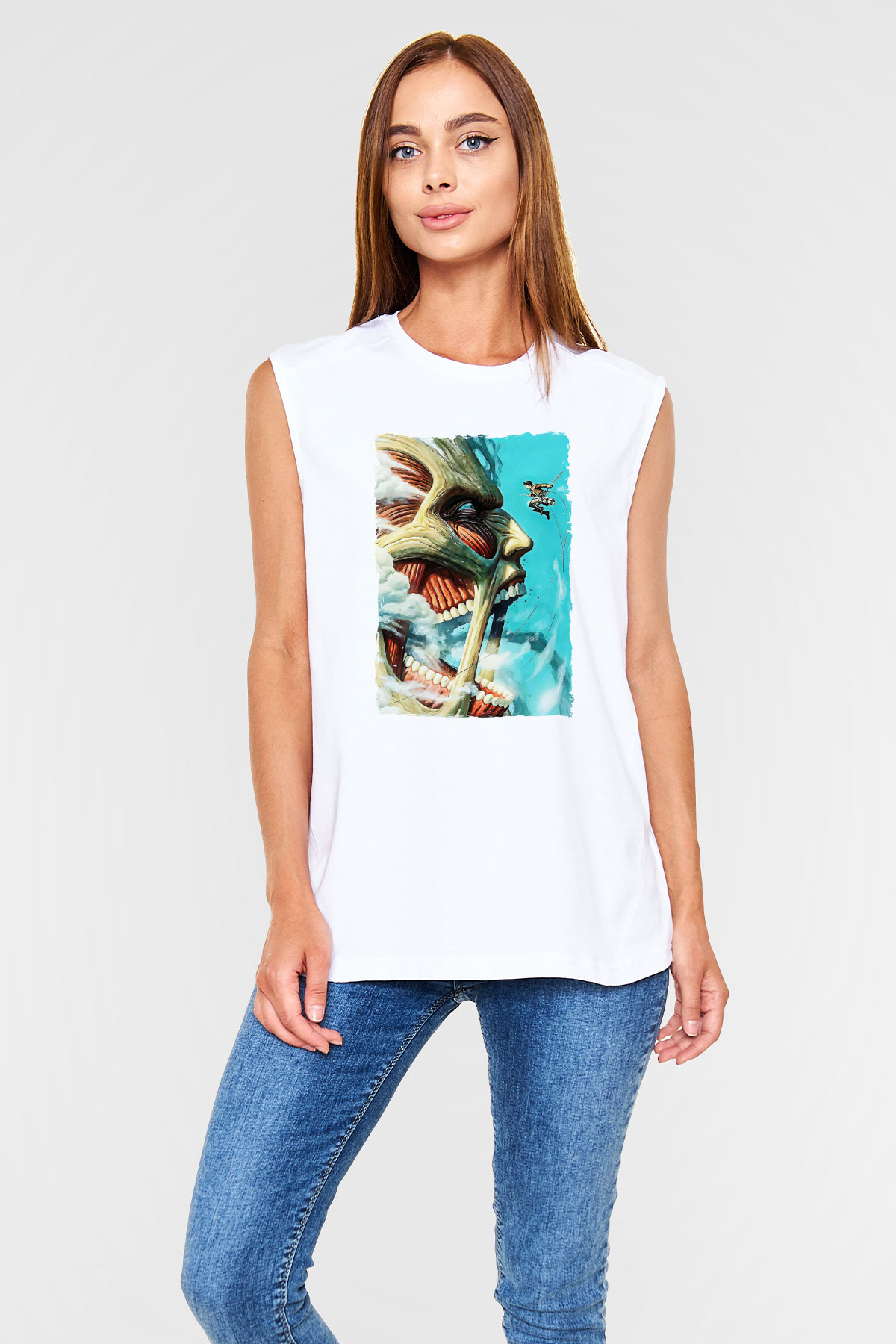 Attack On Titan Baskılı Beyaz Unisex Kolsuz Tişört - Tshirt