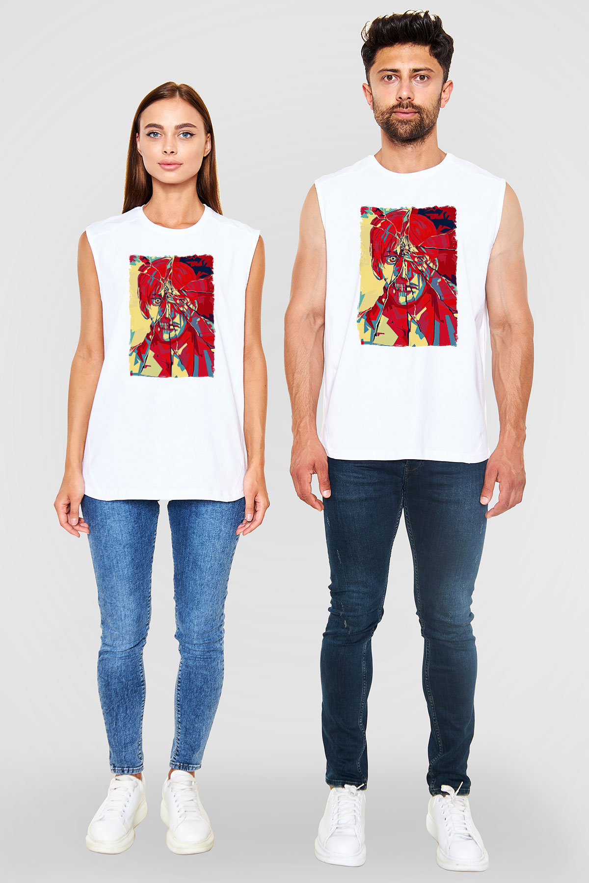 Attack On Titan Baskılı Beyaz Unisex Kolsuz Tişört - Tshirt