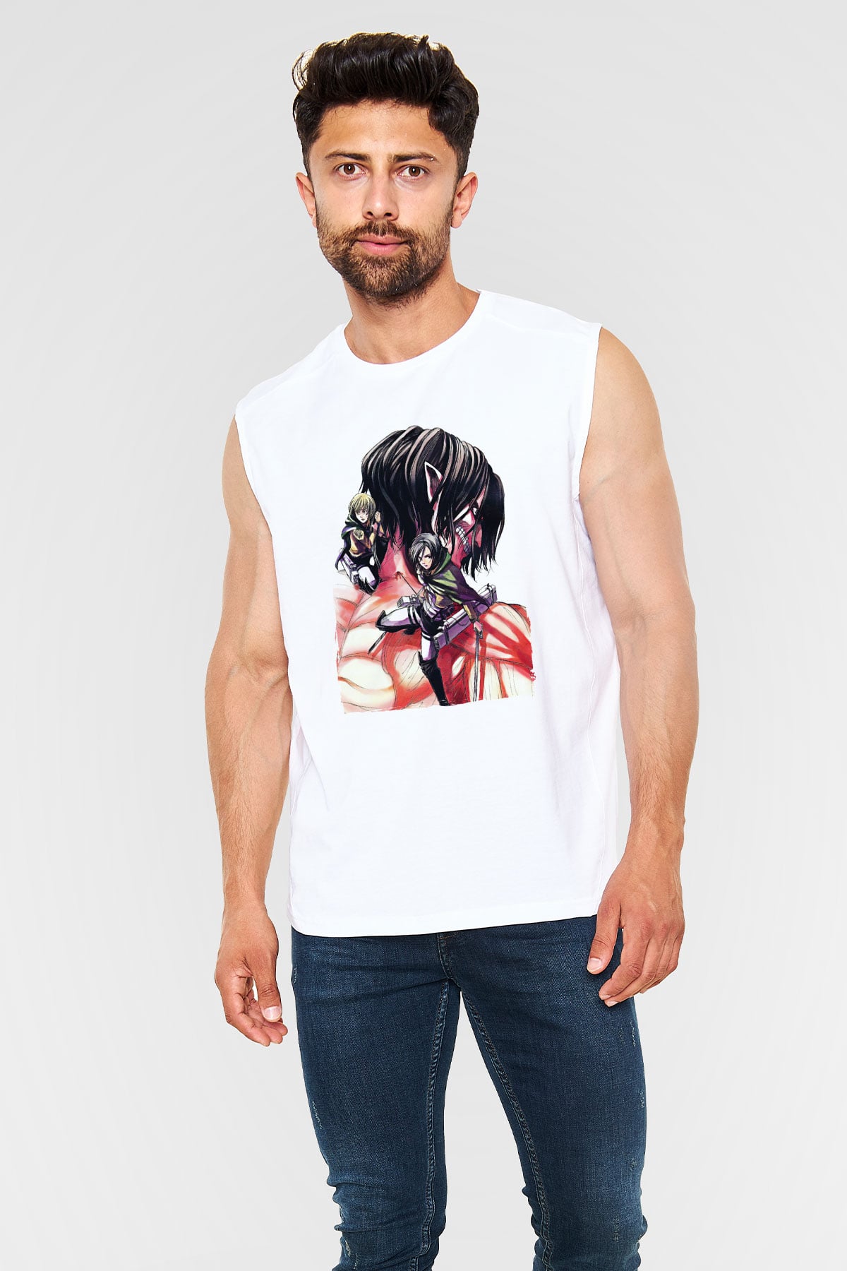 Attack On Titan Baskılı Beyaz Unisex Kolsuz Tişört - Tshirt
