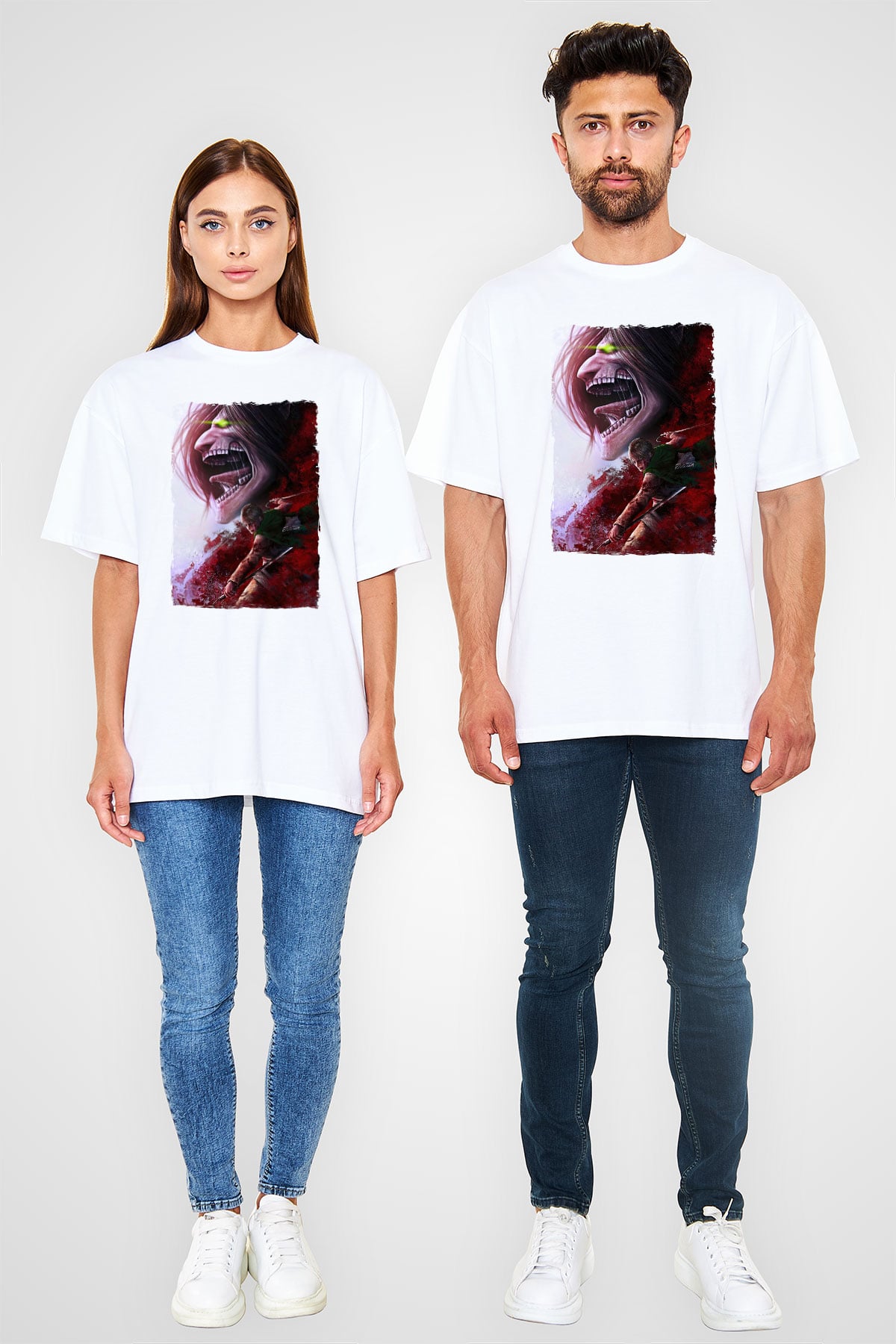 Attack On Titan Baskılı Beyaz Unisex Oversize Tişört - Tshirt