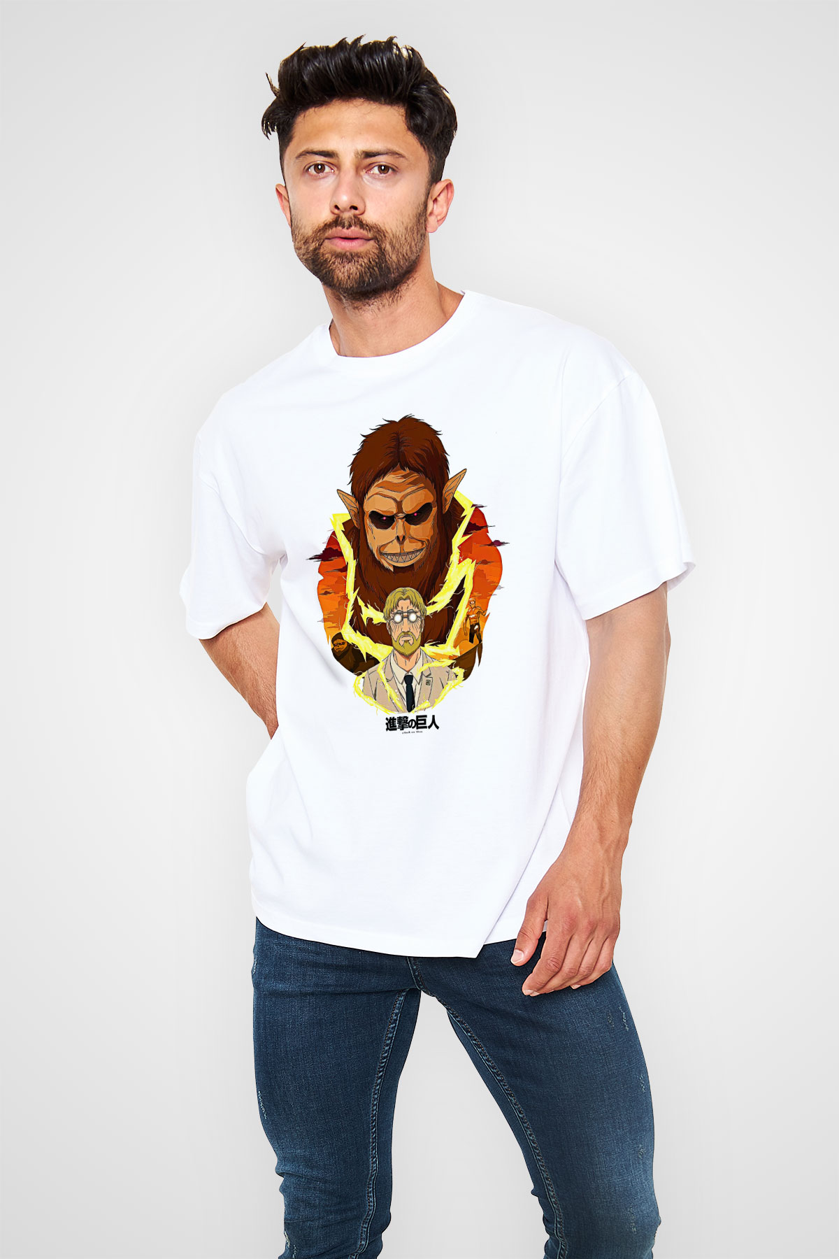 Attack On Titan Baskılı Beyaz Unisex Oversize Tişört - Tshirt