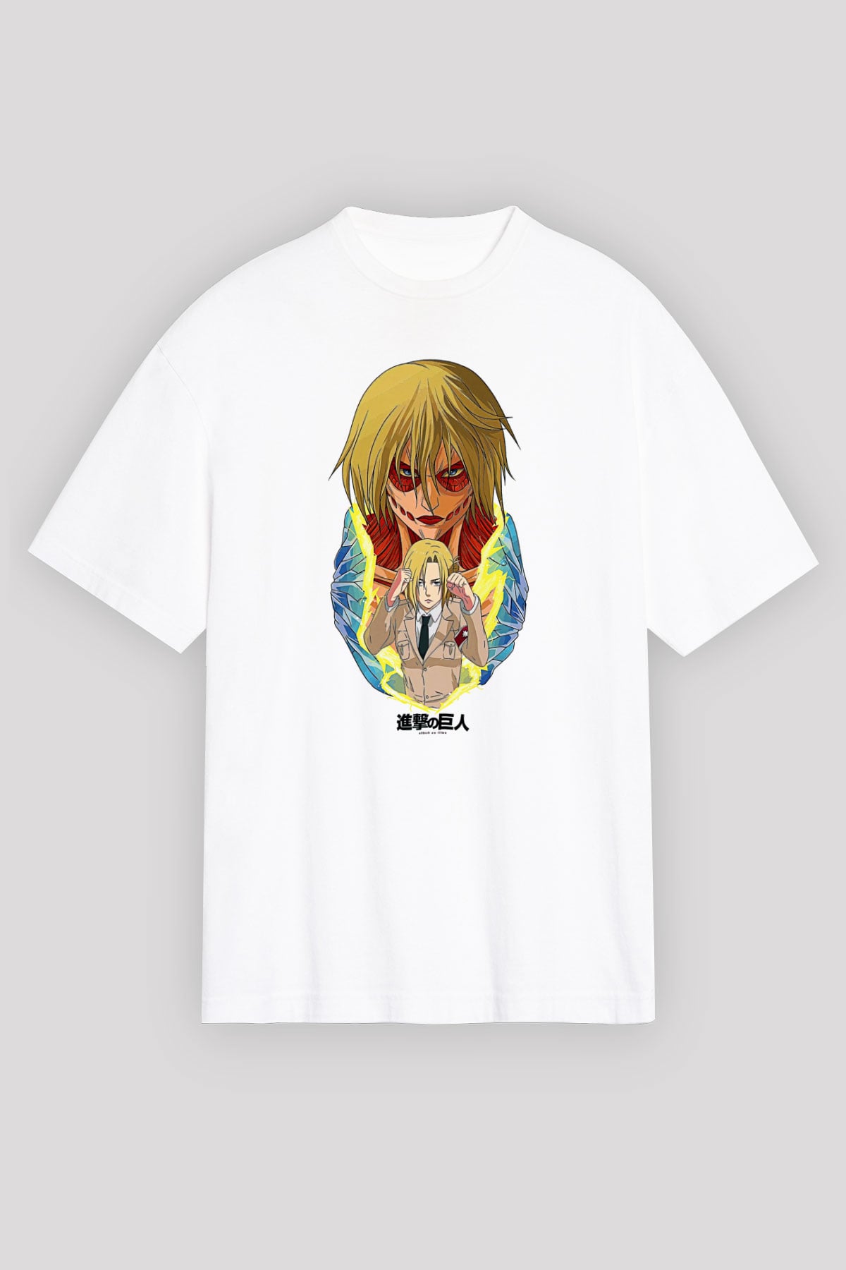 Attack On Titan Baskılı Beyaz Unisex Oversize Tişört - Tshirt