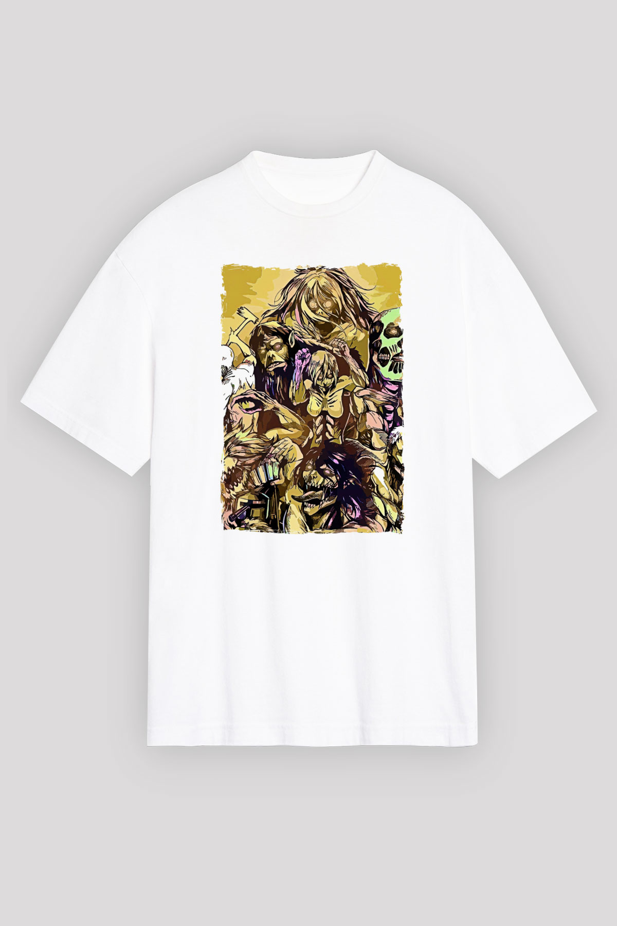 Attack On Titan Baskılı Beyaz Unisex Oversize Tişört - Tshirt