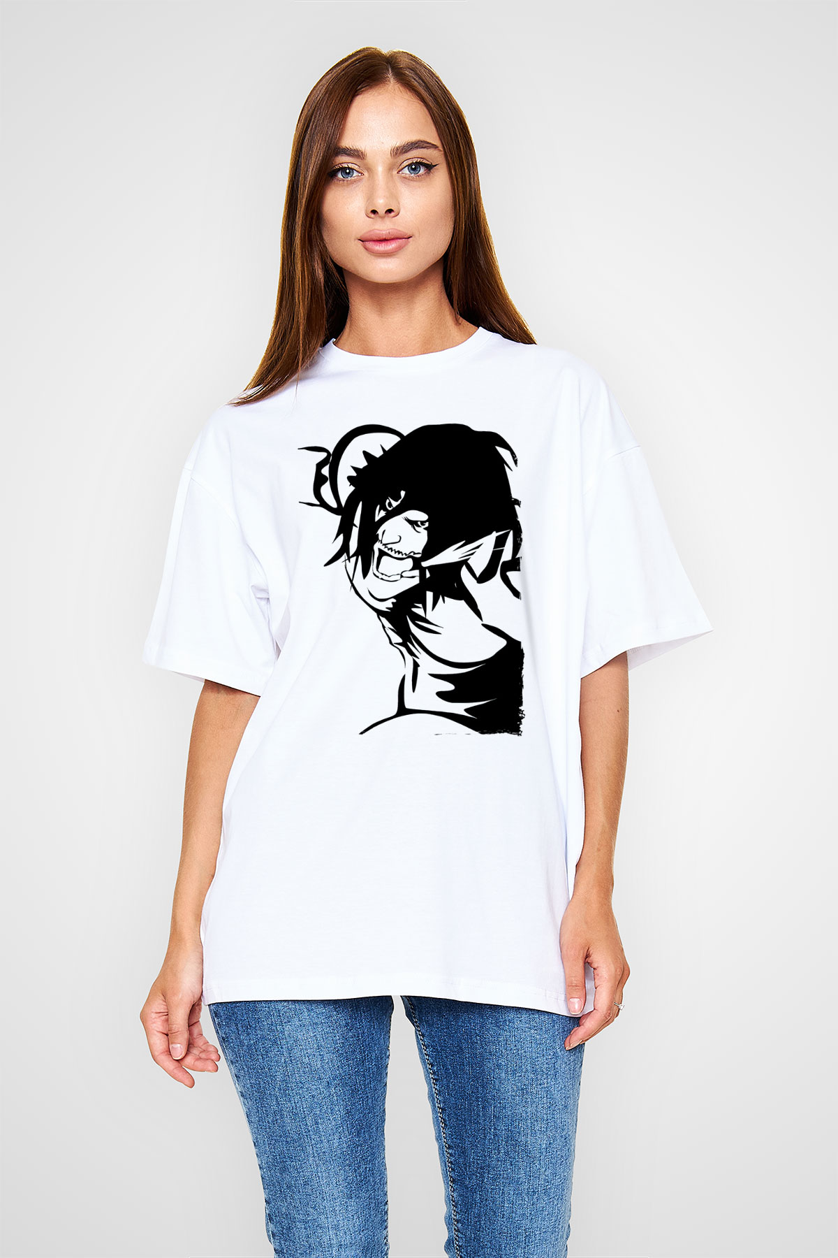 Attack On Titan Baskılı Beyaz Unisex Oversize Tişört - Tshirt
