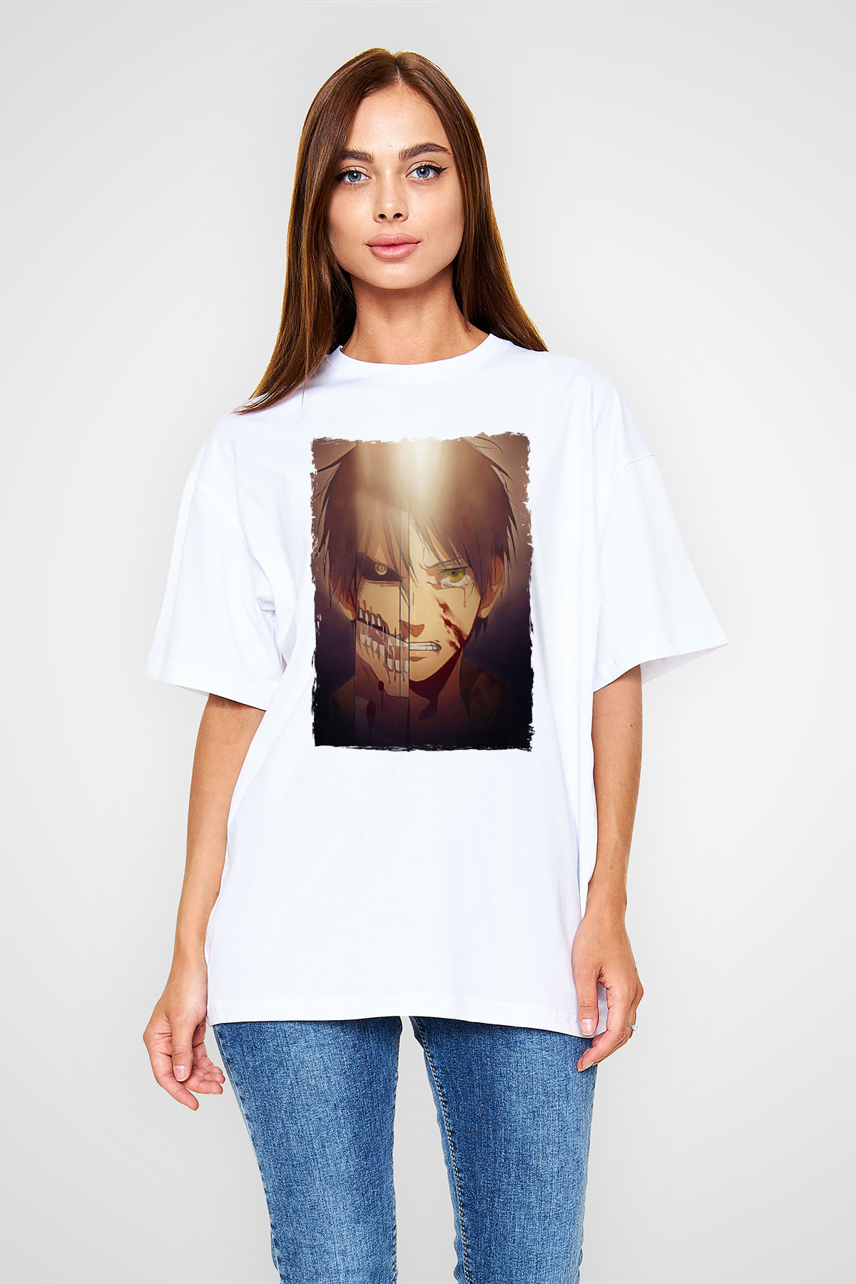 Attack On Titan Baskılı Beyaz Unisex Oversize Tişört - Tshirt