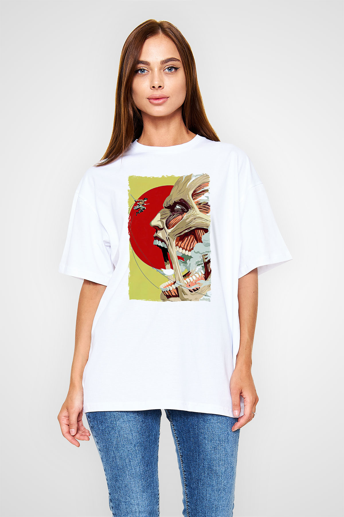 Attack On Titan Baskılı Beyaz Unisex Oversize Tişört - Tshirt