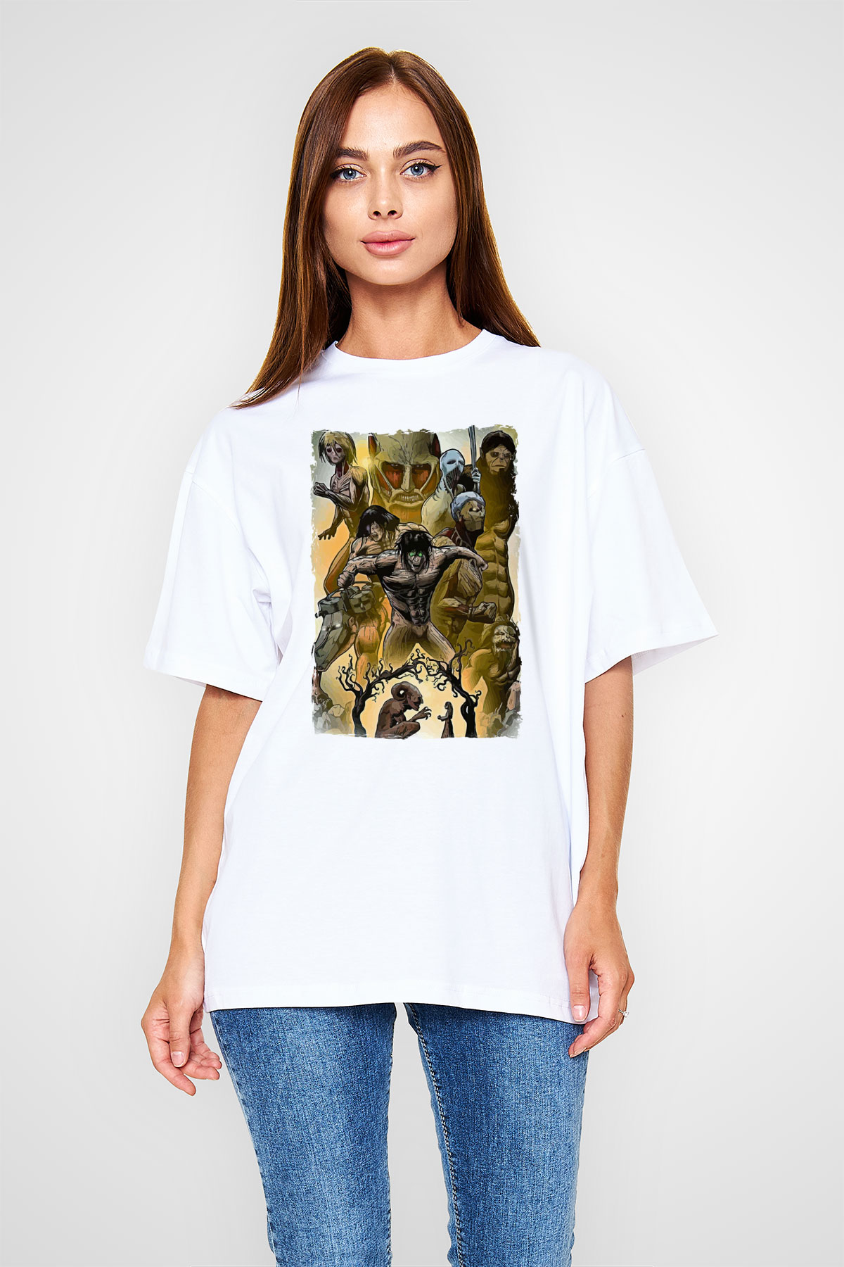 Attack On Titan Baskılı Beyaz Unisex Oversize Tişört - Tshirt