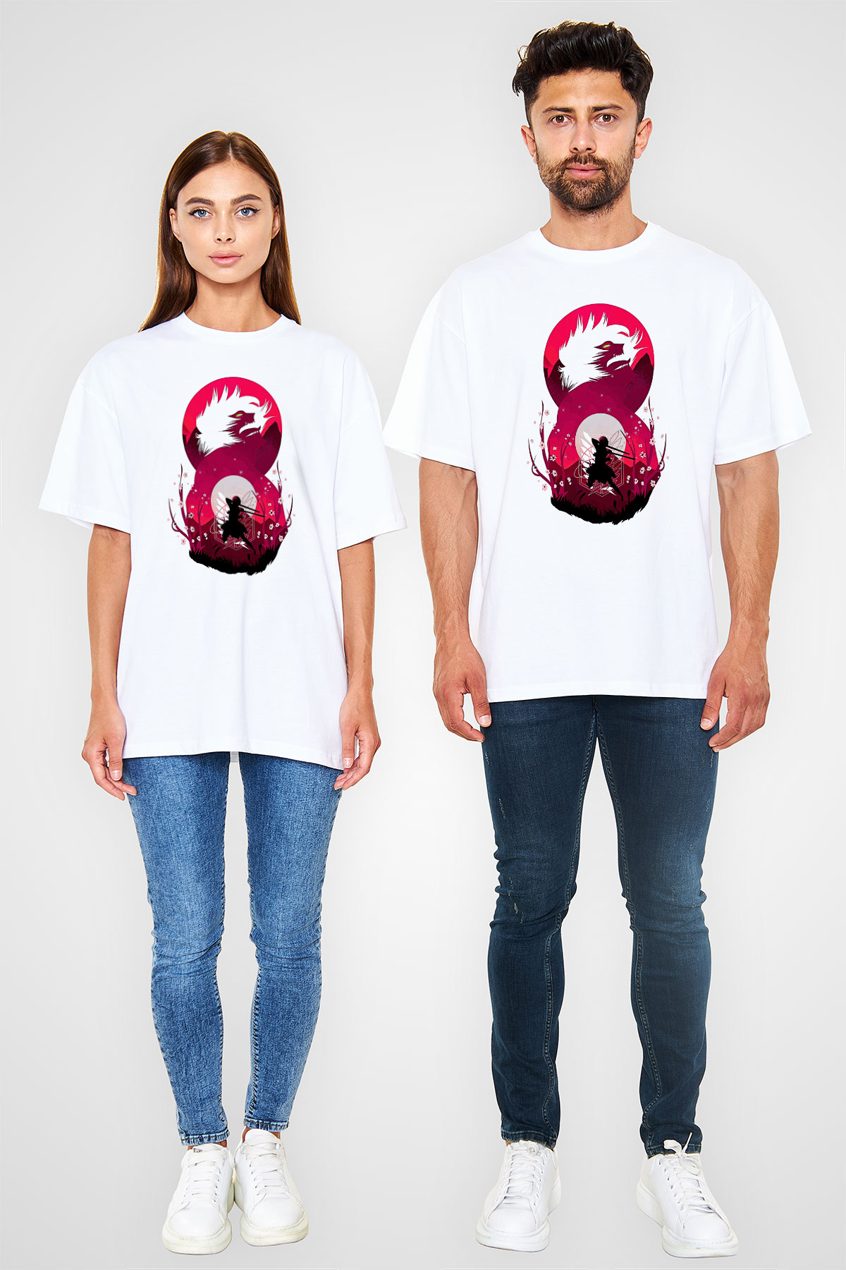 Attack On Titan Baskılı Beyaz Unisex Oversize Tişört - Tshirt