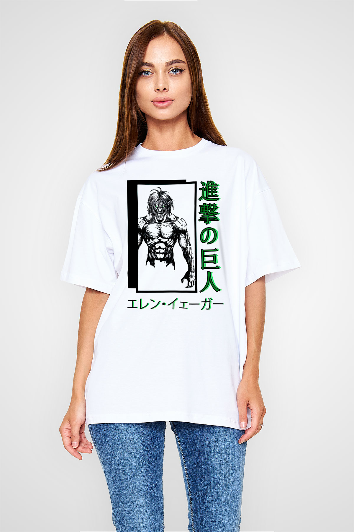 Attack On Titan Baskılı Beyaz Unisex Oversize Tişört - Tshirt