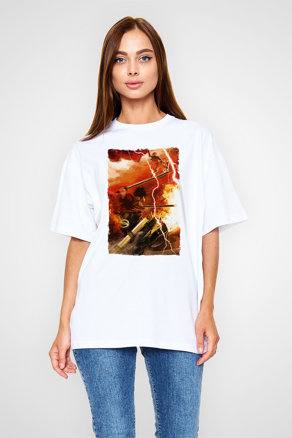 Attack On Titan Baskılı Beyaz Unisex Oversize Tişört - Tshirt