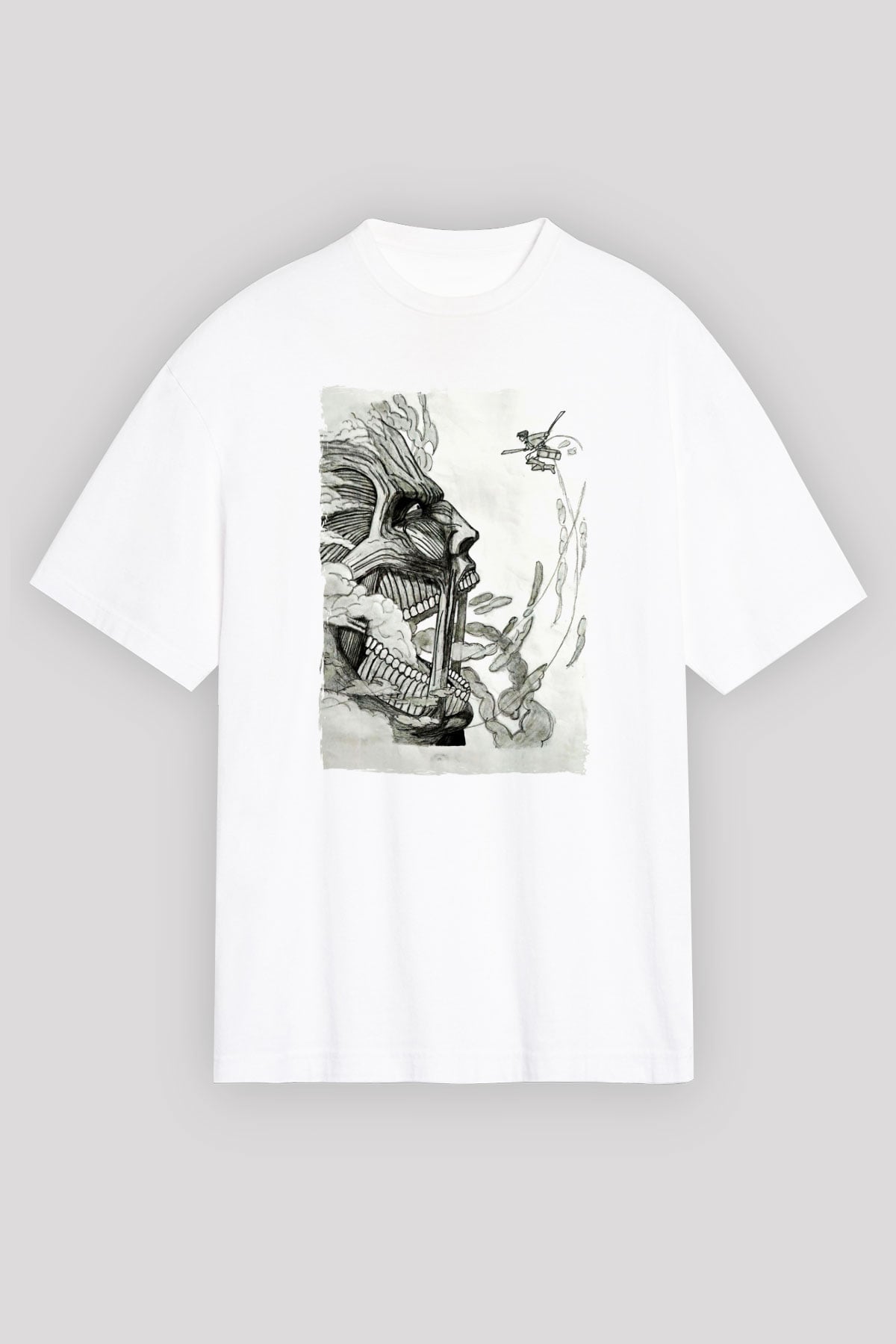 Attack On Titan Baskılı Beyaz Unisex Oversize Tişört - Tshirt