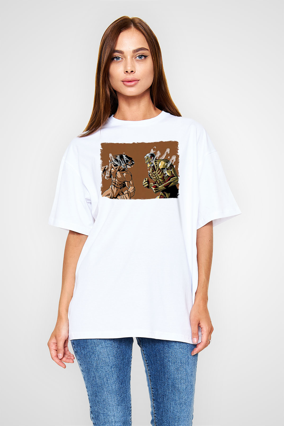 Attack On Titan Baskılı Beyaz Unisex Oversize Tişört - Tshirt