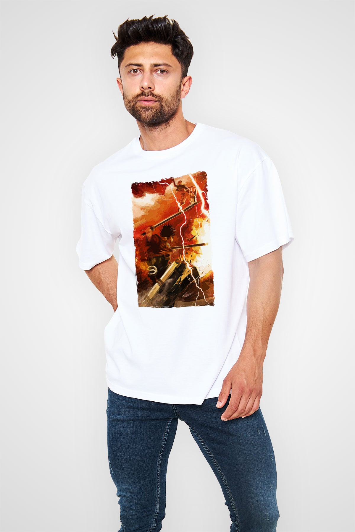 Attack On Titan Baskılı Beyaz Unisex Oversize Tişört - Tshirt