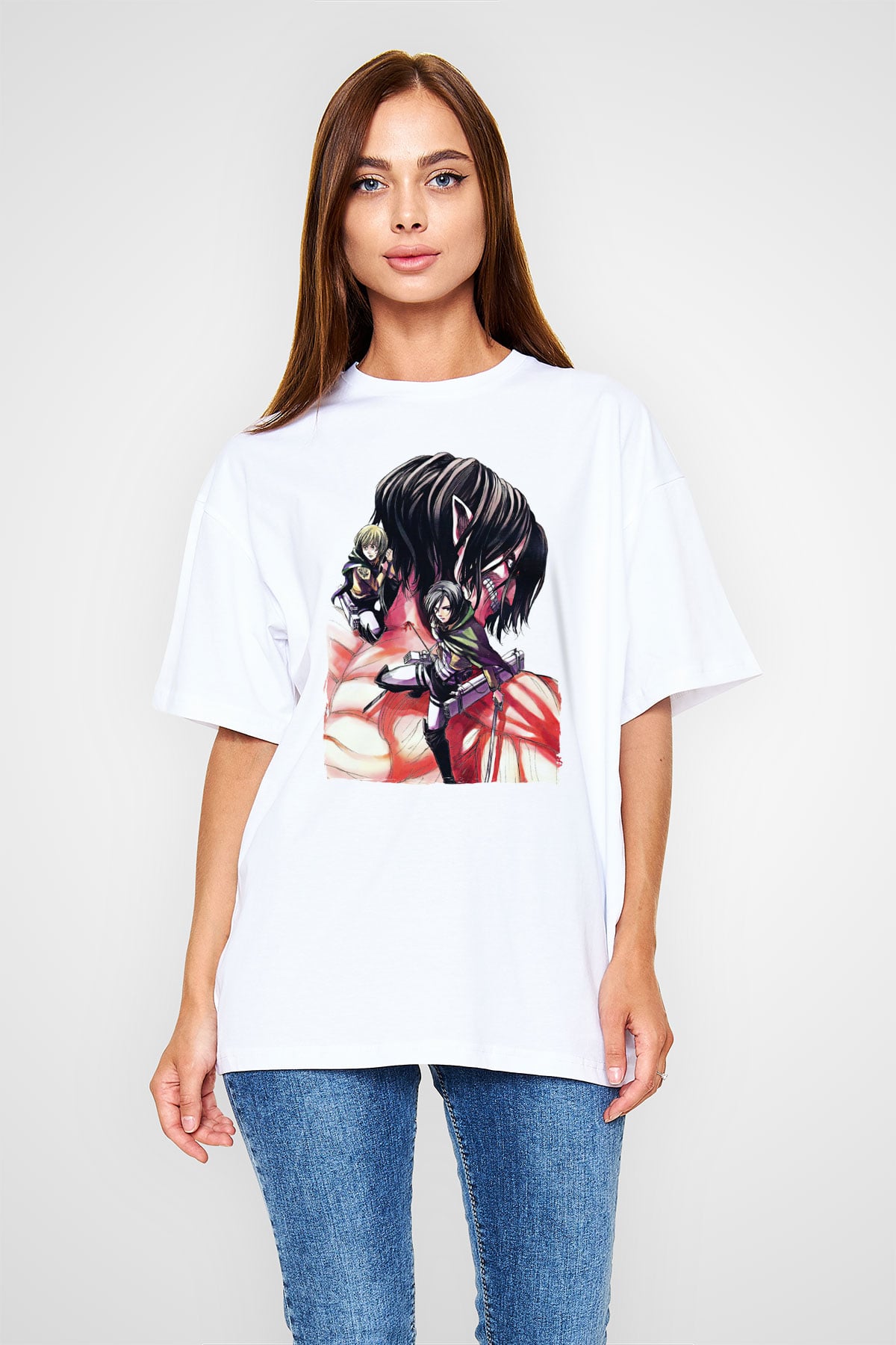Attack On Titan Baskılı Beyaz Unisex Oversize Tişört - Tshirt
