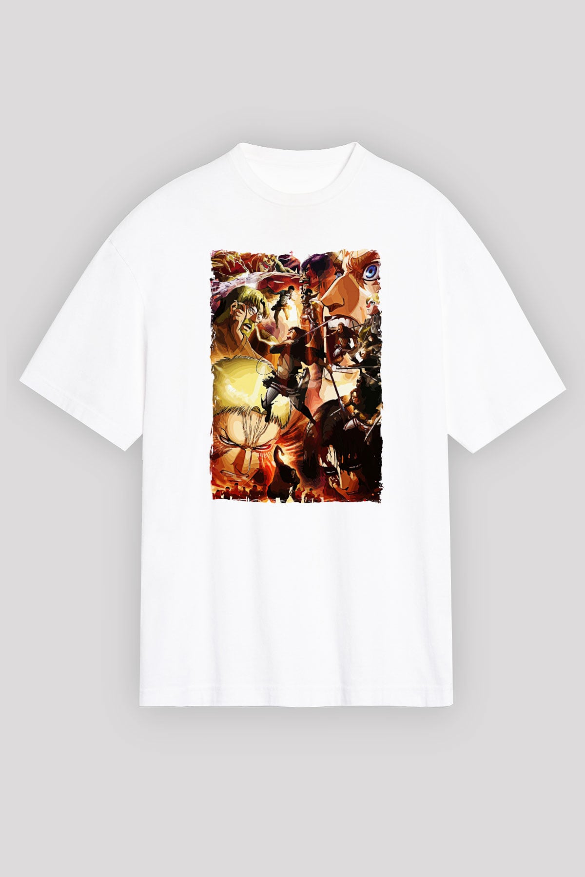 Attack On Titan Baskılı Beyaz Unisex Oversize Tişört - Tshirt