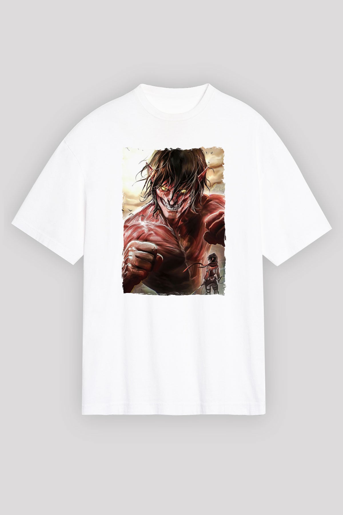 Attack On Titan Baskılı Beyaz Unisex Oversize Tişört - Tshirt