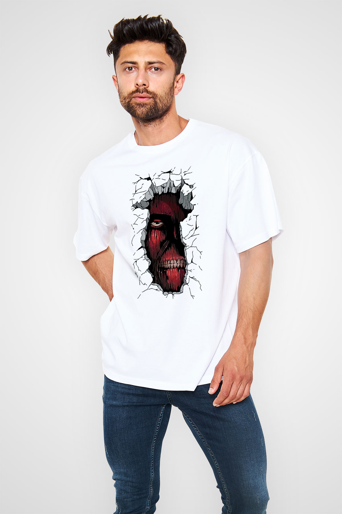 Attack On Titan Baskılı Beyaz Unisex Oversize Tişört - Tshirt