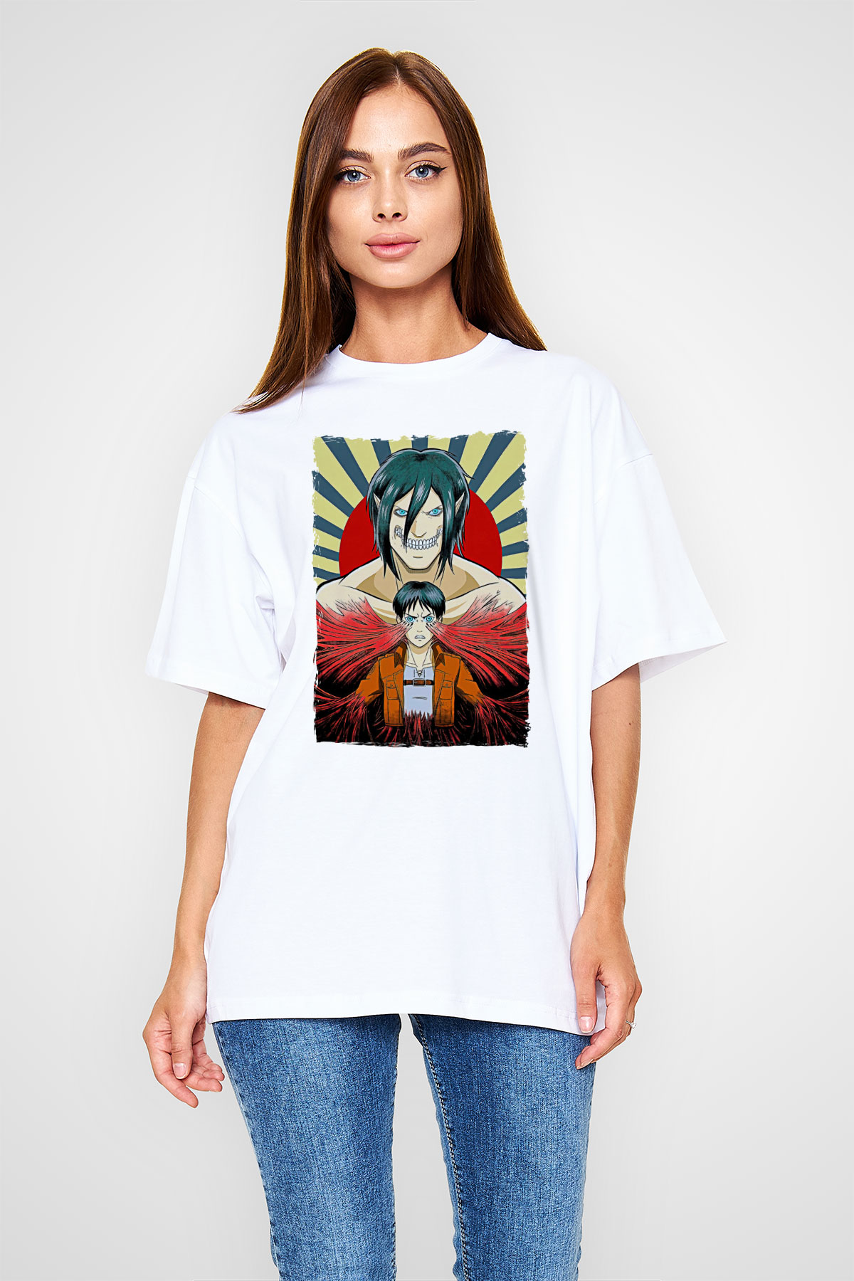 Attack On Titan Baskılı Beyaz Unisex Oversize Tişört - Tshirt