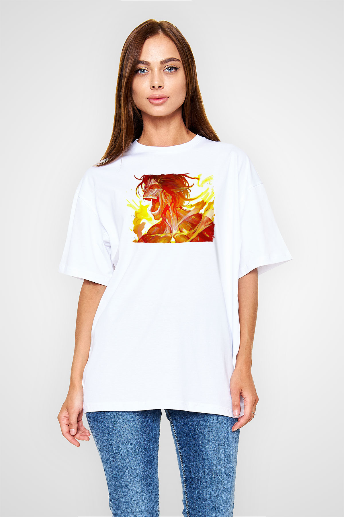 Attack On Titan Baskılı Beyaz Unisex Oversize Tişört - Tshirt