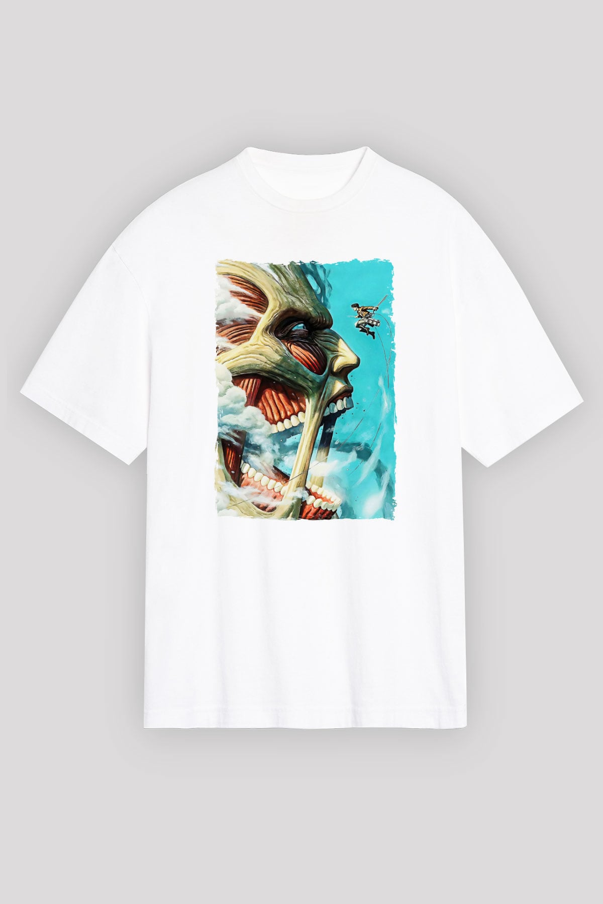 Attack On Titan Baskılı Beyaz Unisex Oversize Tişört - Tshirt