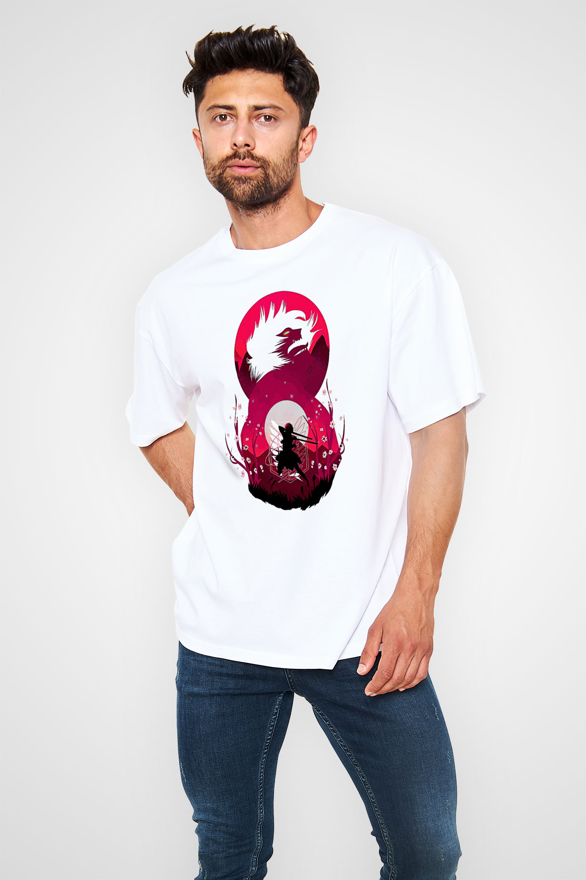 Attack On Titan Baskılı Beyaz Unisex Oversize Tişört - Tshirt