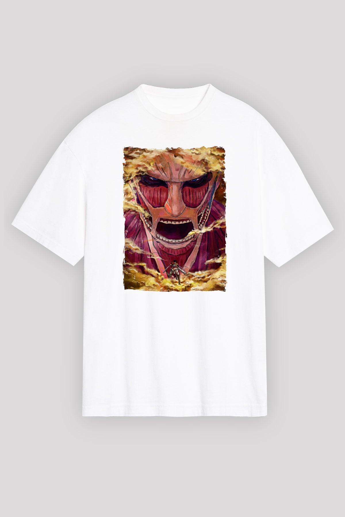 Attack On Titan Baskılı Beyaz Unisex Oversize Tişört - Tshirt