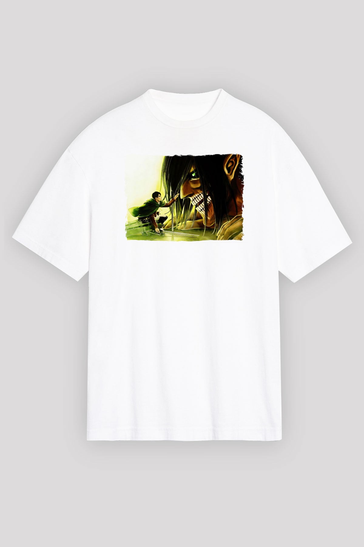 Attack On Titan Baskılı Beyaz Unisex Oversize Tişört - Tshirt