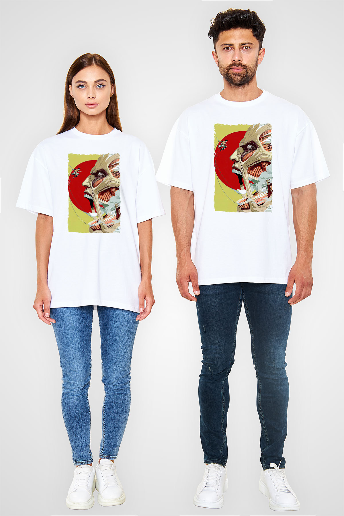 Attack On Titan Baskılı Beyaz Unisex Oversize Tişört - Tshirt