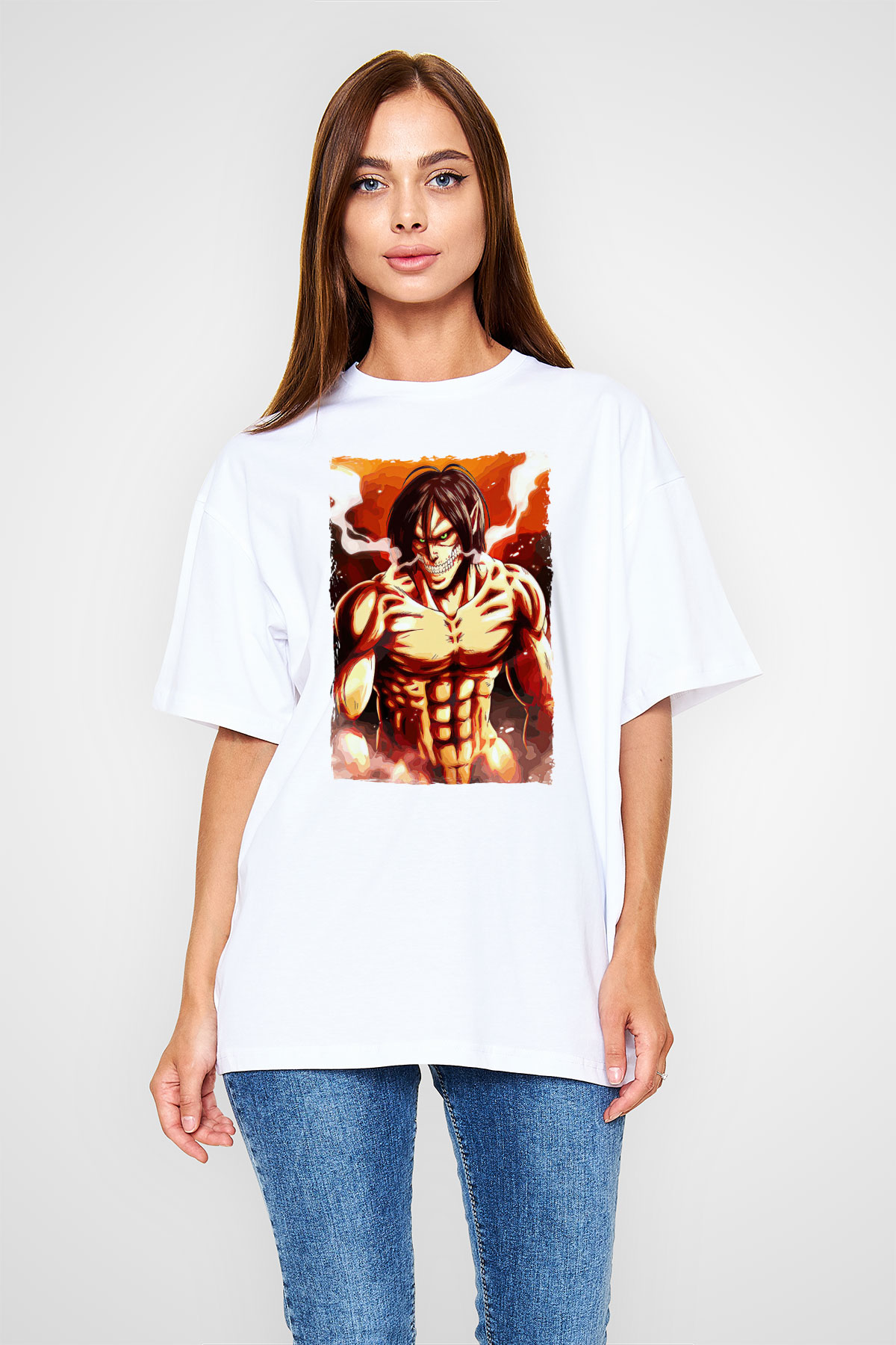 Attack On Titan Baskılı Beyaz Unisex Oversize Tişört - Tshirt