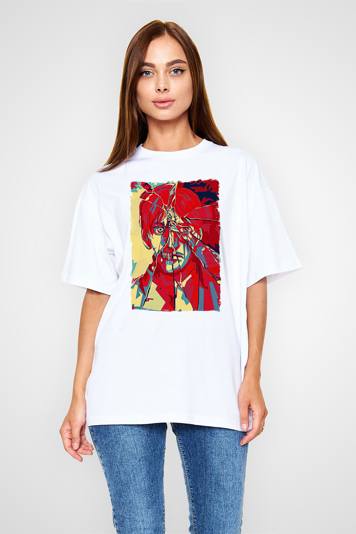 Attack On Titan Baskılı Beyaz Unisex Oversize Tişört - Tshirt