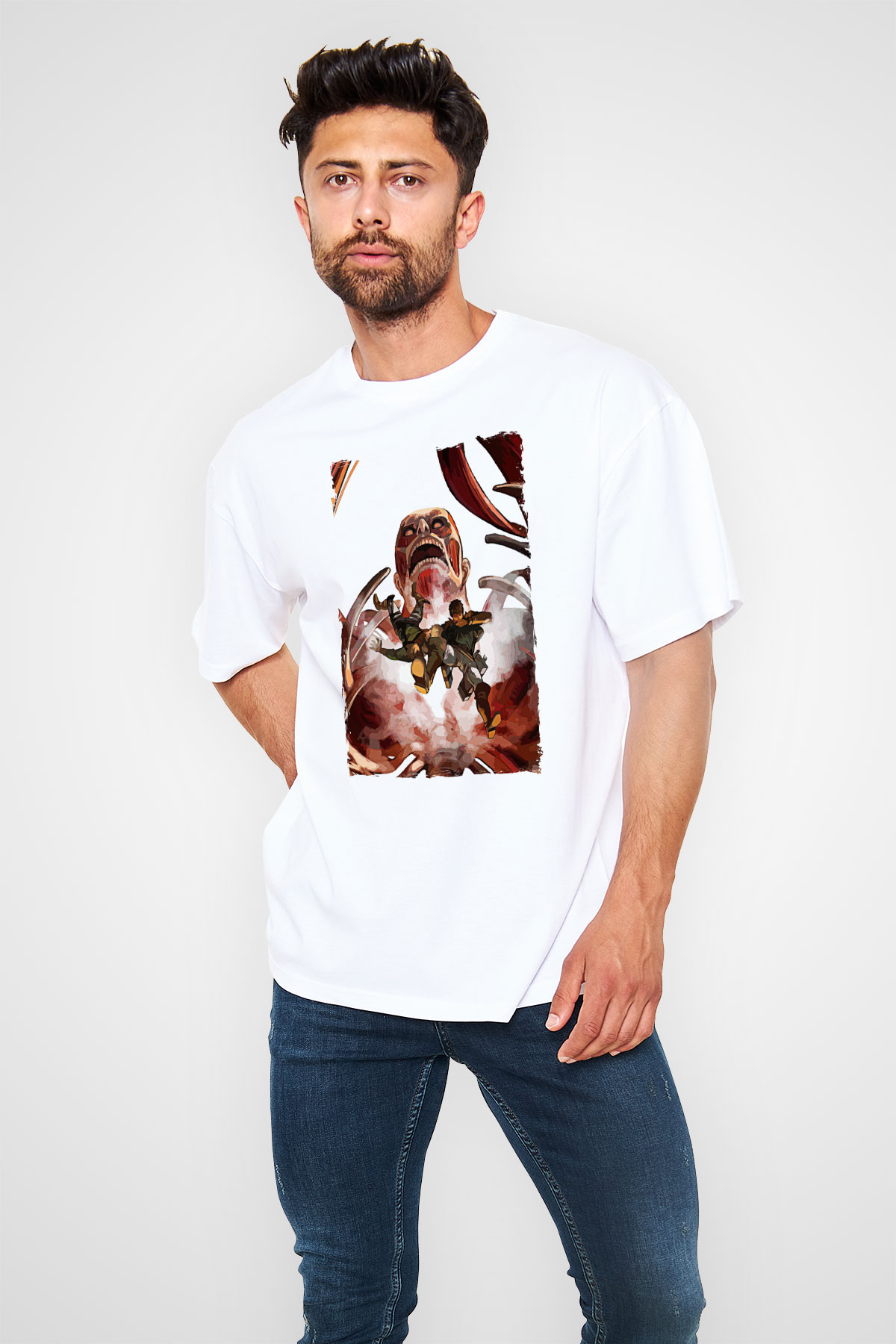 Attack On Titan Baskılı Beyaz Unisex Oversize Tişört - Tshirt