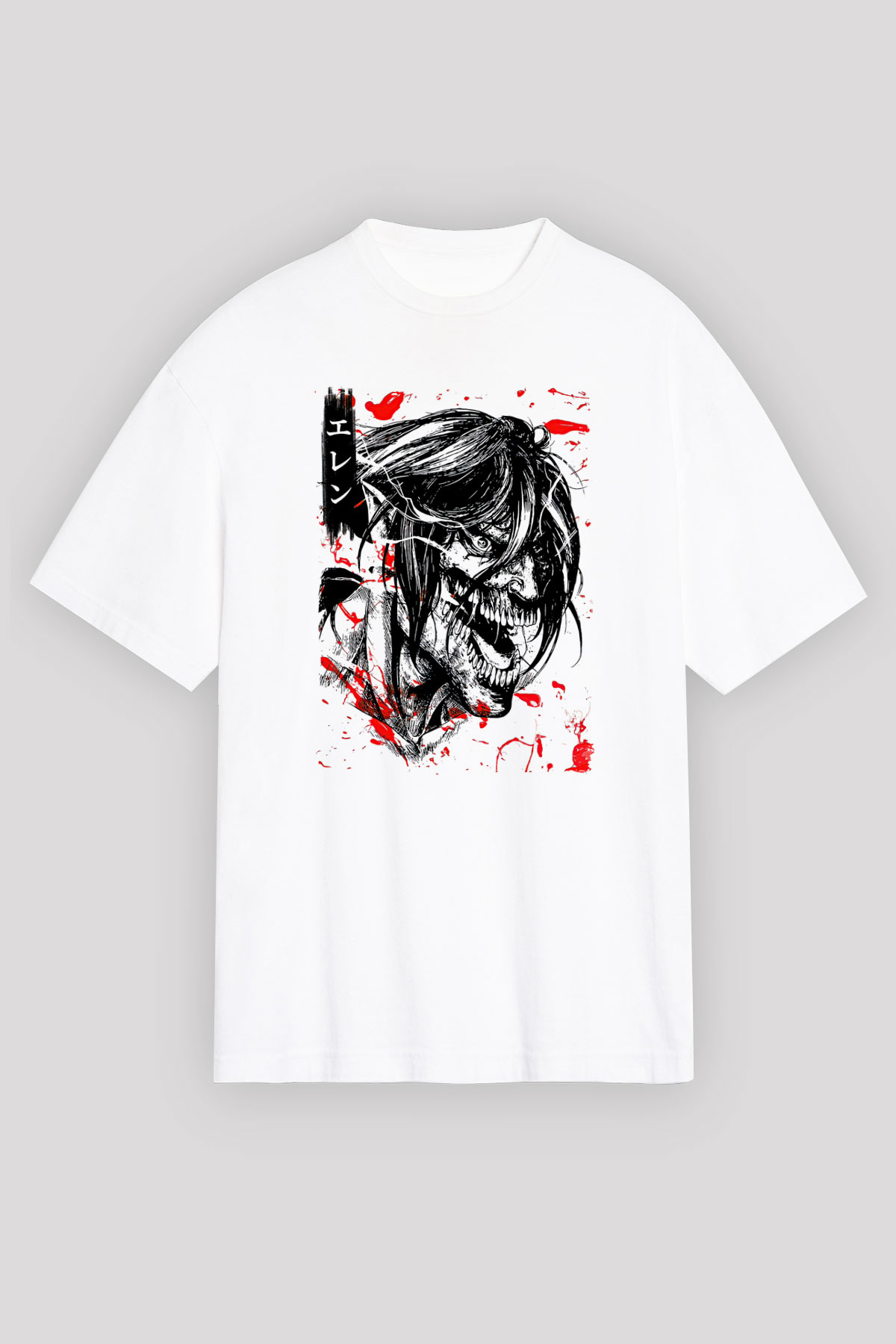 Attack On Titan Baskılı Beyaz Unisex Oversize Tişört - Tshirt