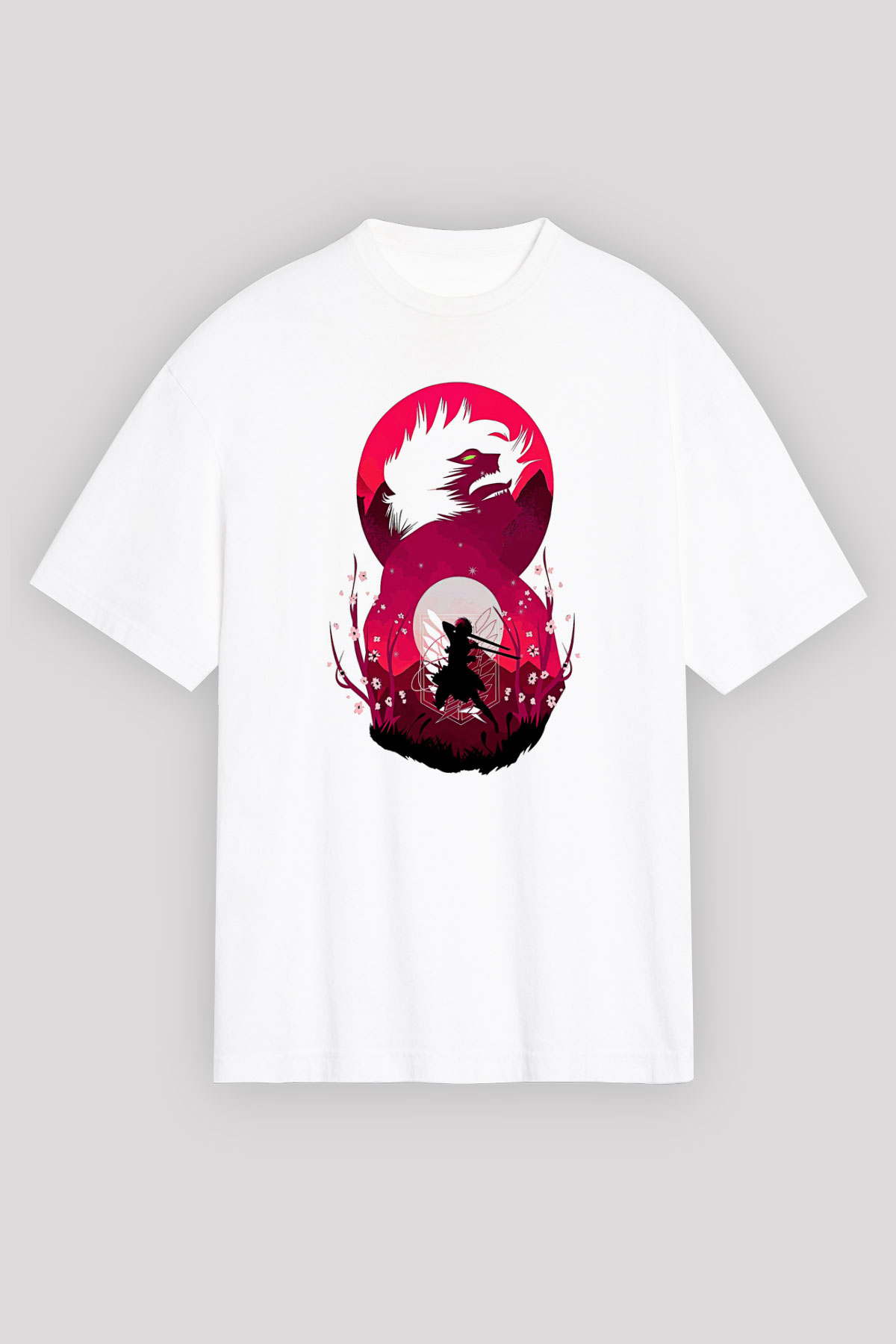 Attack On Titan Baskılı Beyaz Unisex Oversize Tişört - Tshirt