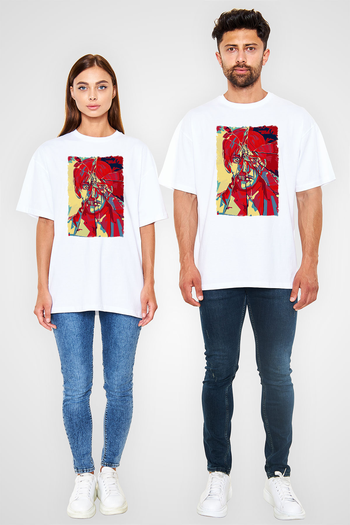 Attack On Titan Baskılı Beyaz Unisex Oversize Tişört - Tshirt
