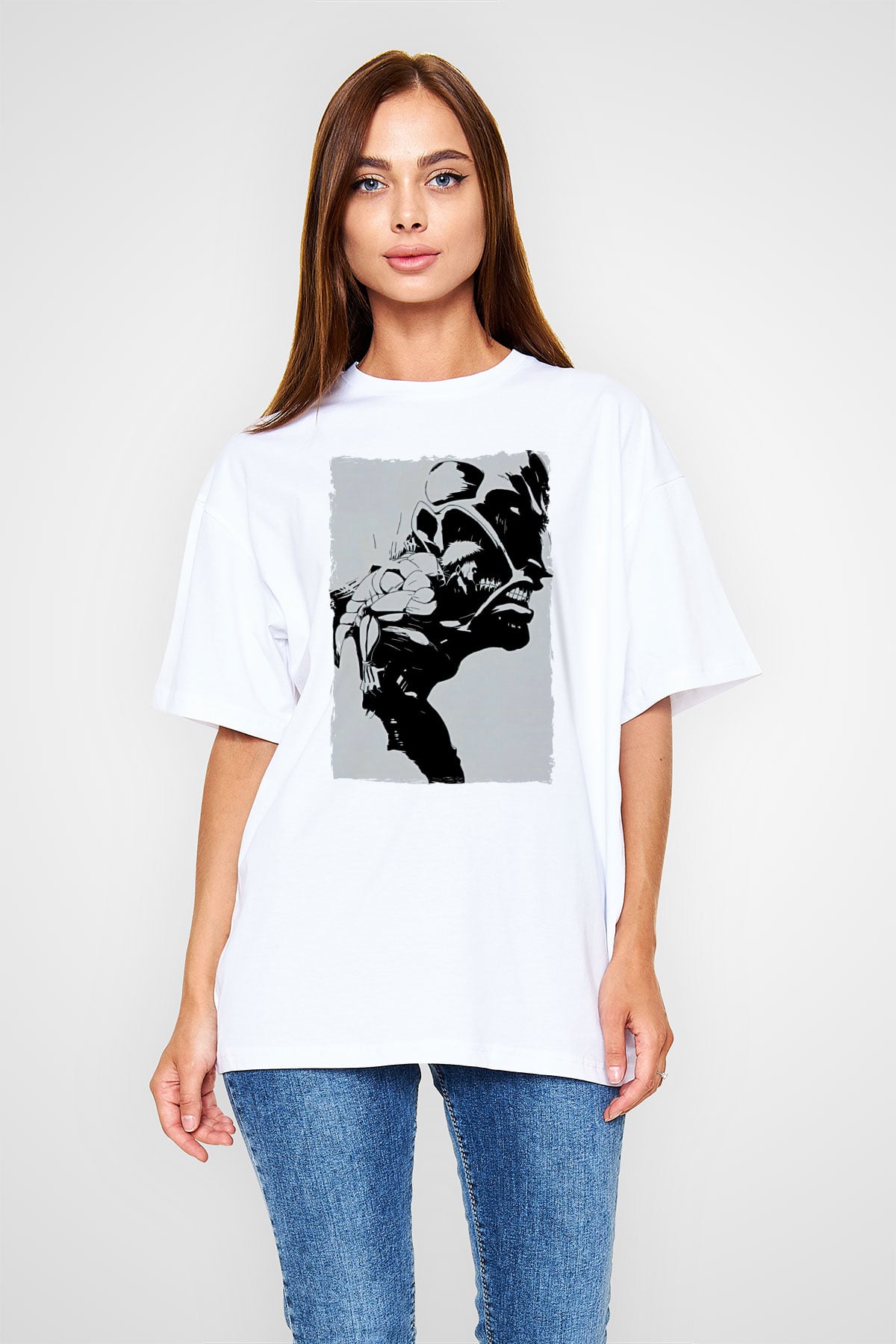 Attack On Titan Baskılı Beyaz Unisex Oversize Tişört - Tshirt