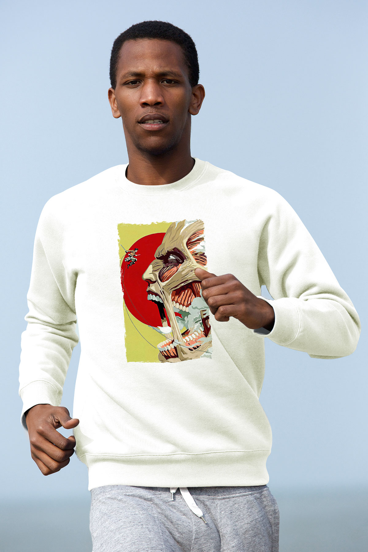 Attack On Titan Baskılı Beyaz Unisex Sweatshirt