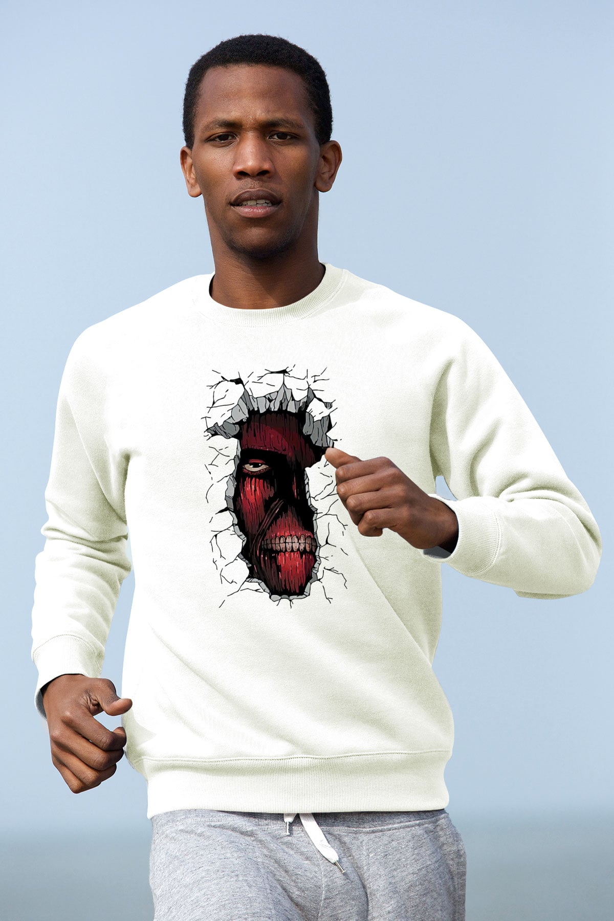 Attack On Titan Baskılı Beyaz Unisex Sweatshirt