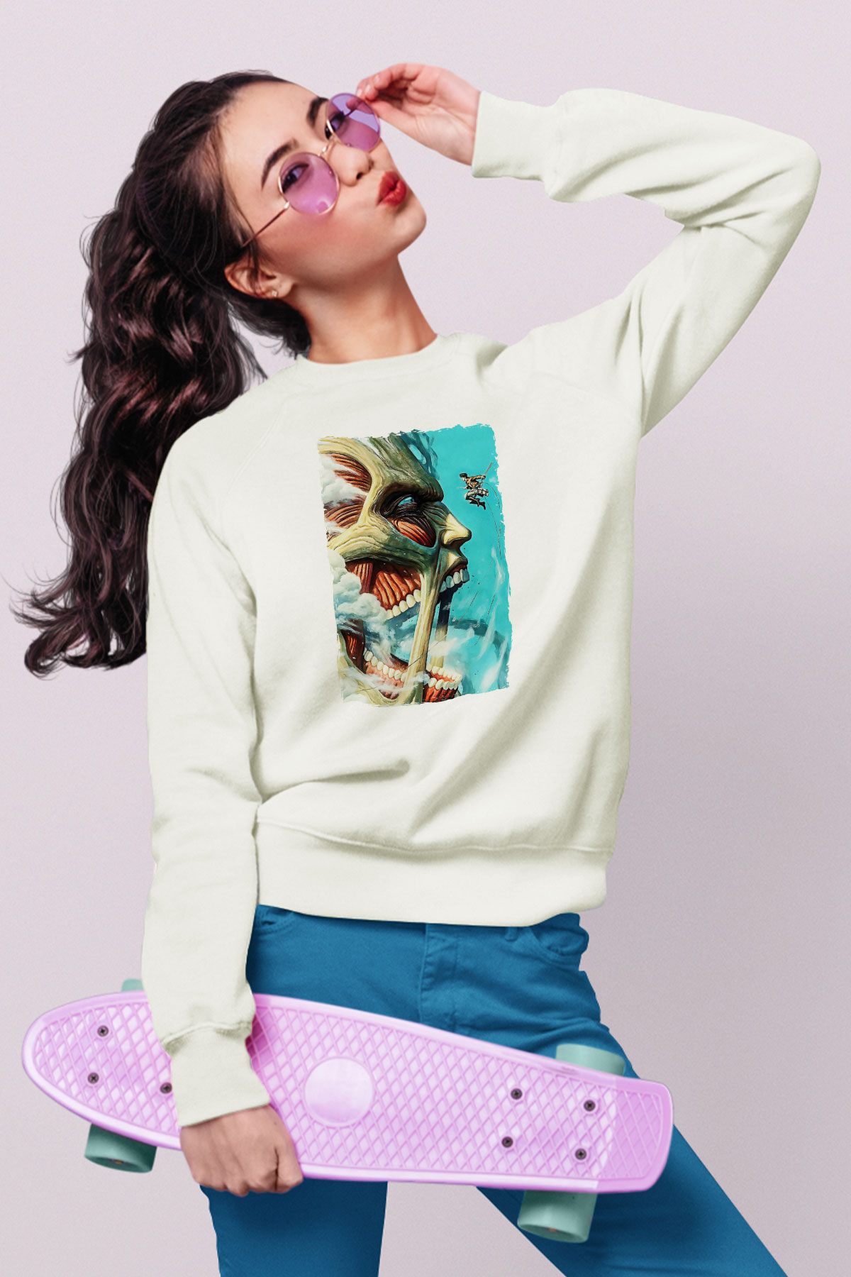 Attack On Titan Baskılı Beyaz Unisex Sweatshirt