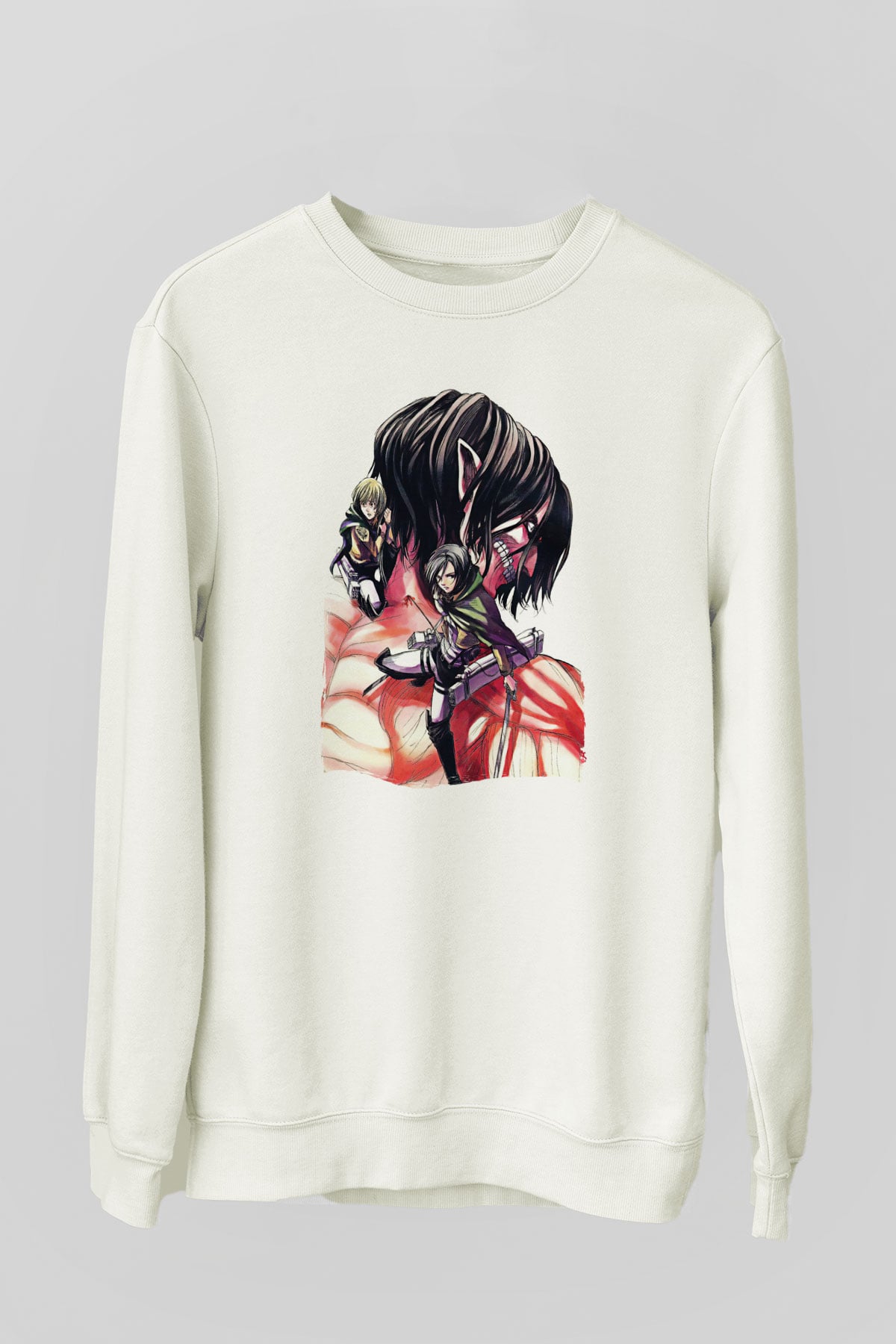 Attack On Titan Baskılı Beyaz Unisex Sweatshirt