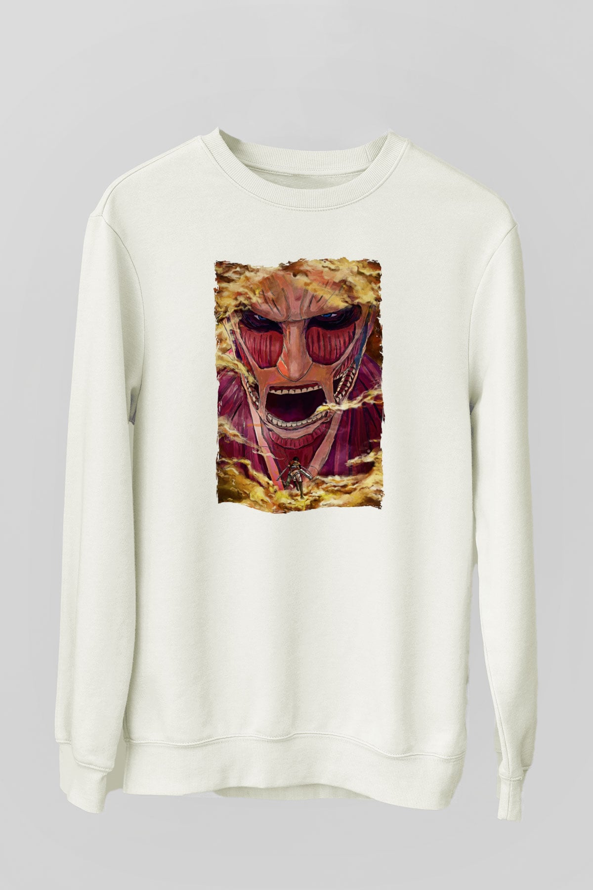 Attack On Titan Baskılı Beyaz Unisex Sweatshirt