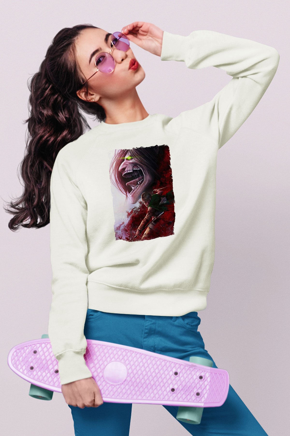 Attack On Titan Baskılı Beyaz Unisex Sweatshirt