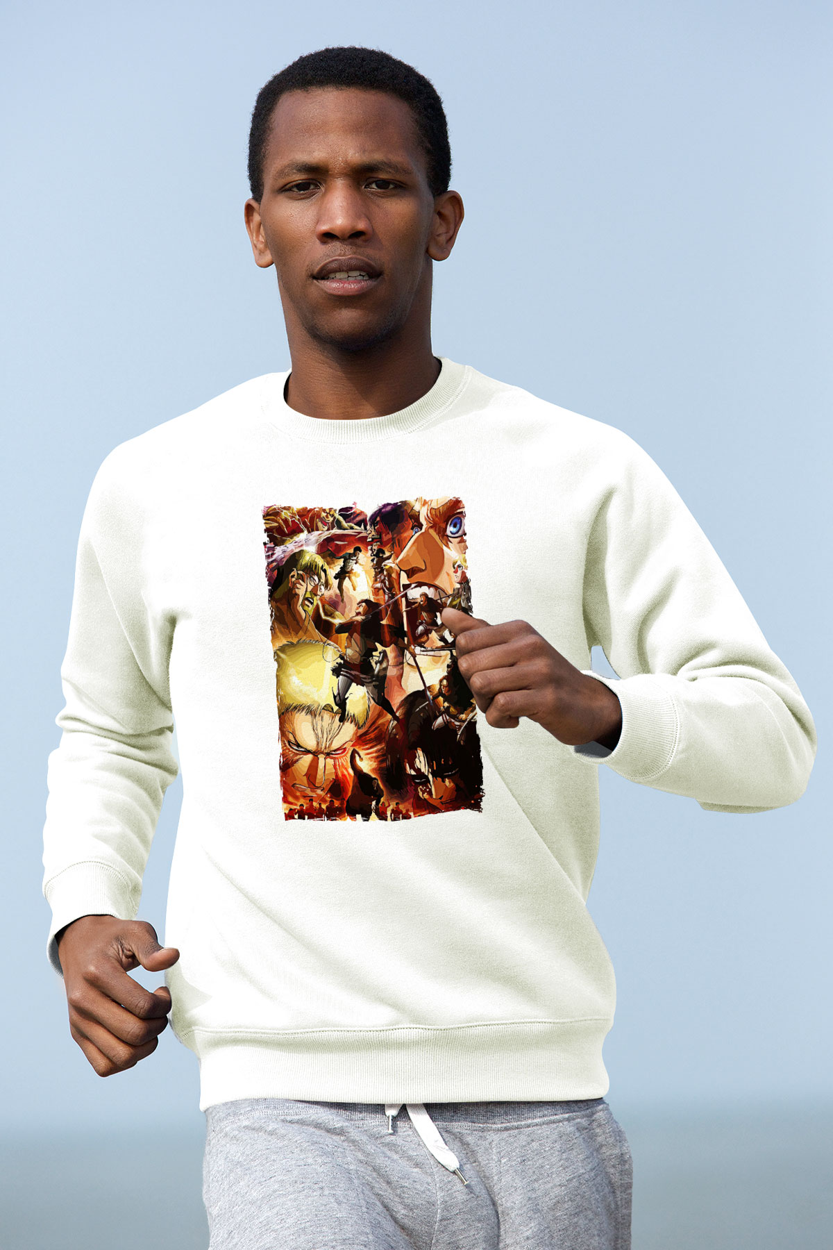 Attack On Titan Baskılı Beyaz Unisex Sweatshirt