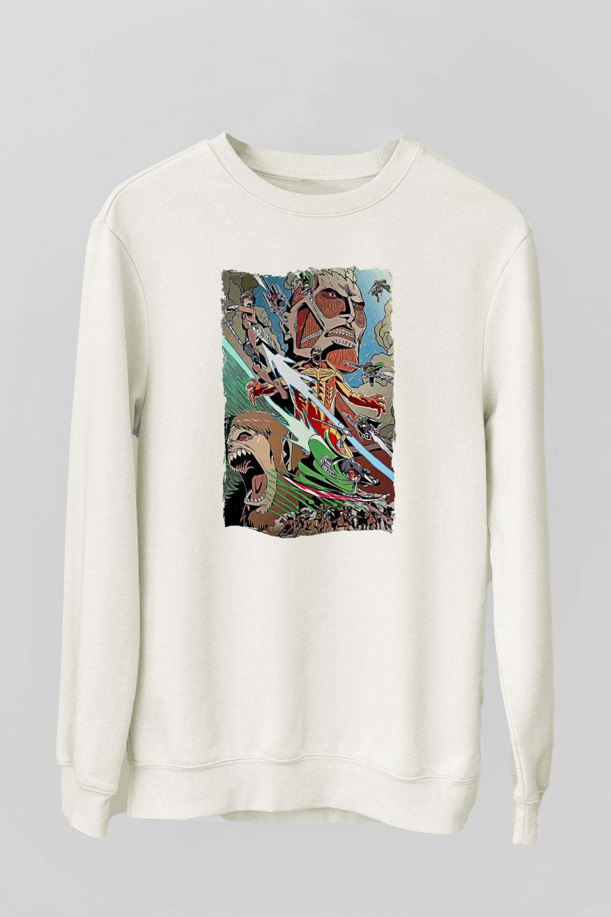 Attack On Titan Baskılı Beyaz Unisex Sweatshirt
