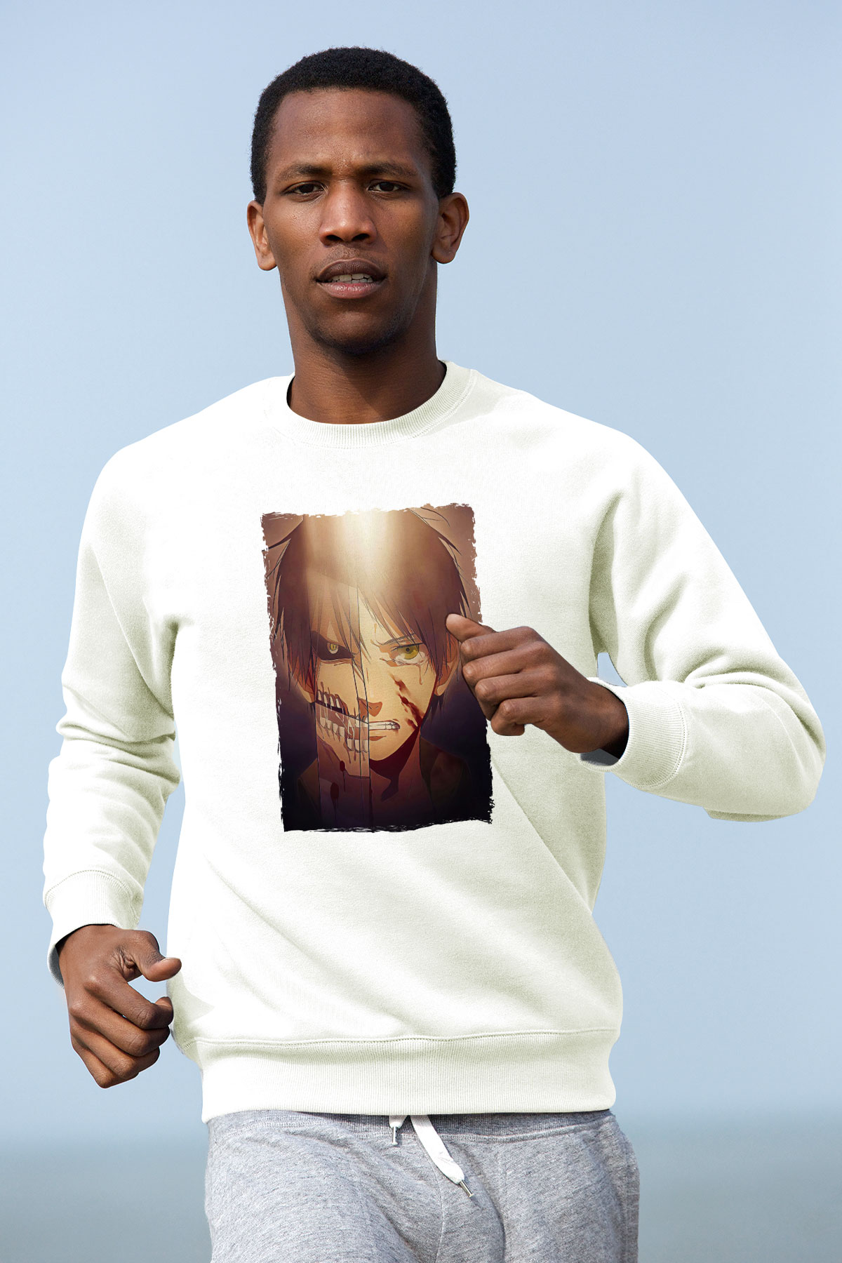 Attack On Titan Baskılı Beyaz Unisex Sweatshirt