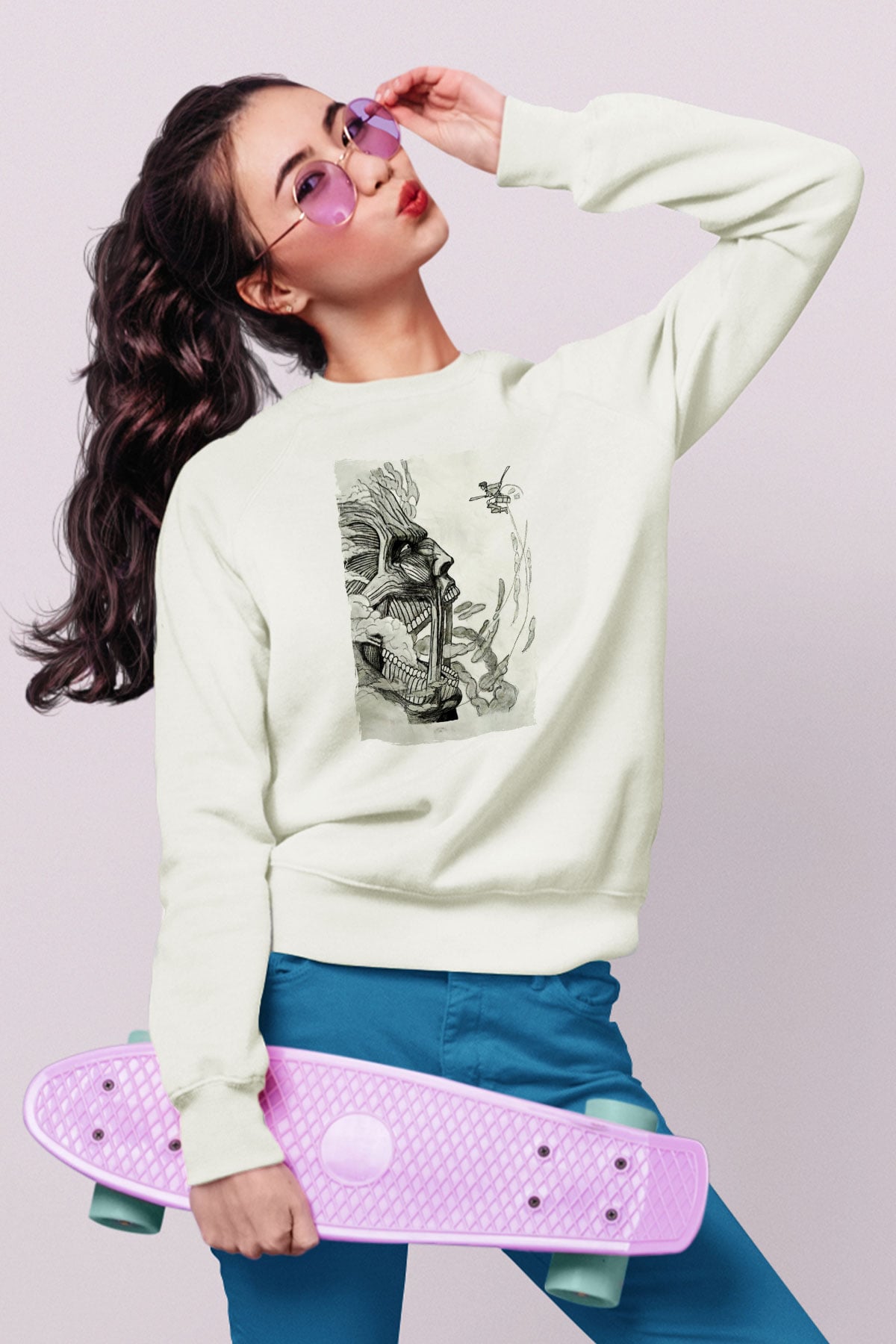 Attack On Titan Baskılı Beyaz Unisex Sweatshirt