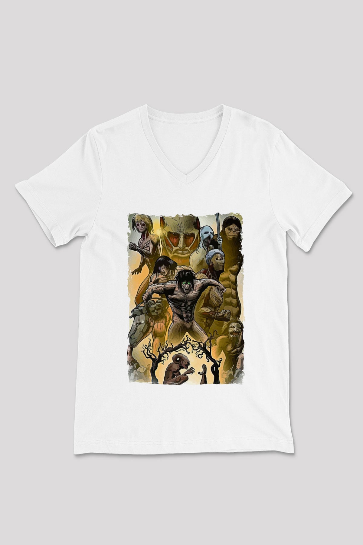 Attack On Titan Baskılı Beyaz Unisex V Yaka Tişört - Tshirt