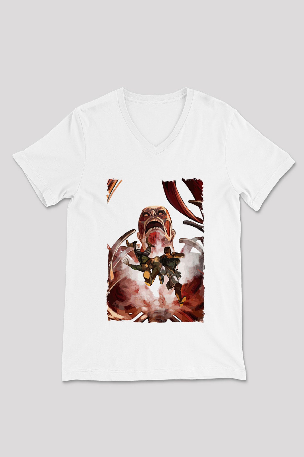 Attack On Titan Baskılı Beyaz Unisex V Yaka Tişört - Tshirt