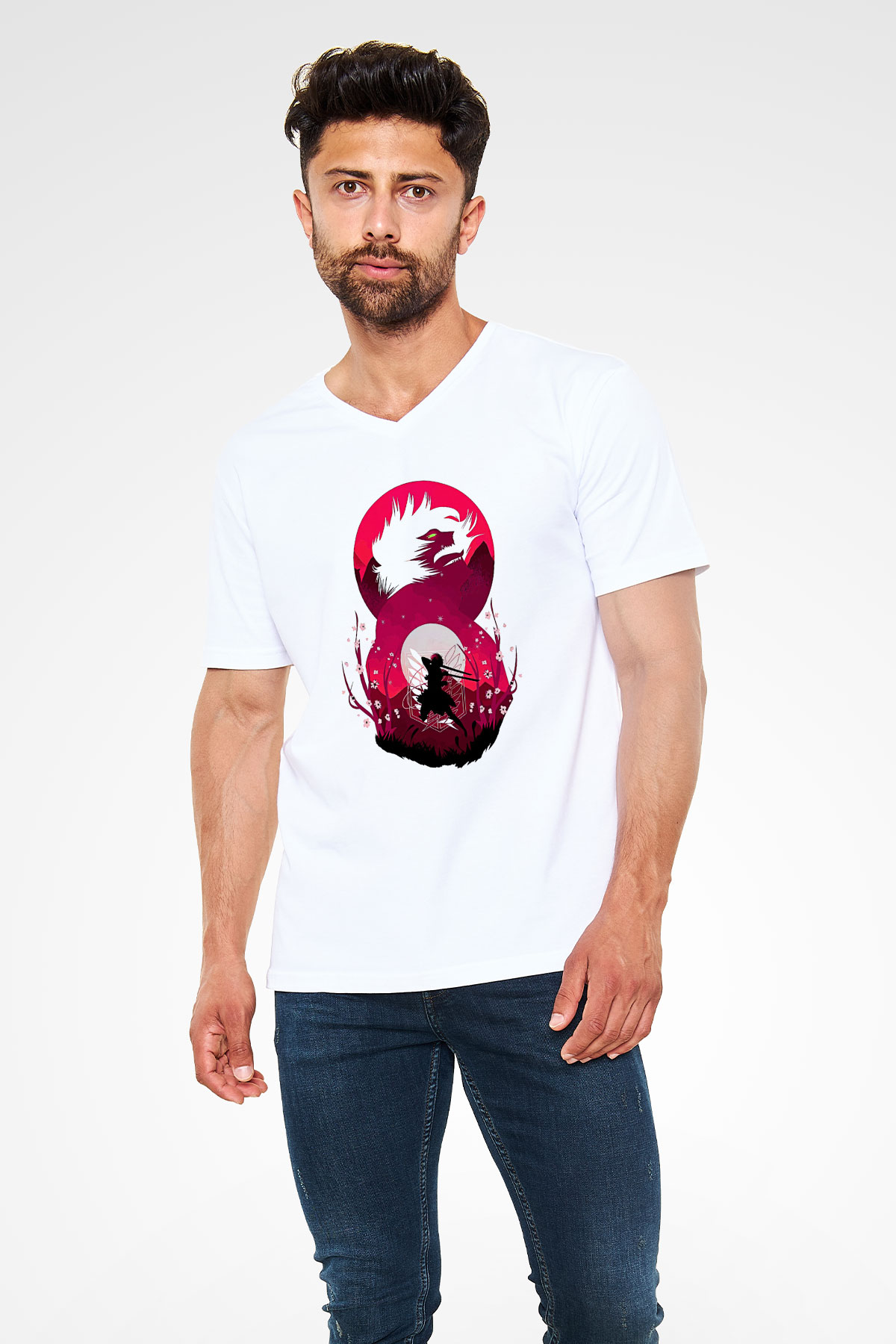 Attack On Titan Baskılı Beyaz Unisex V Yaka Tişört - Tshirt