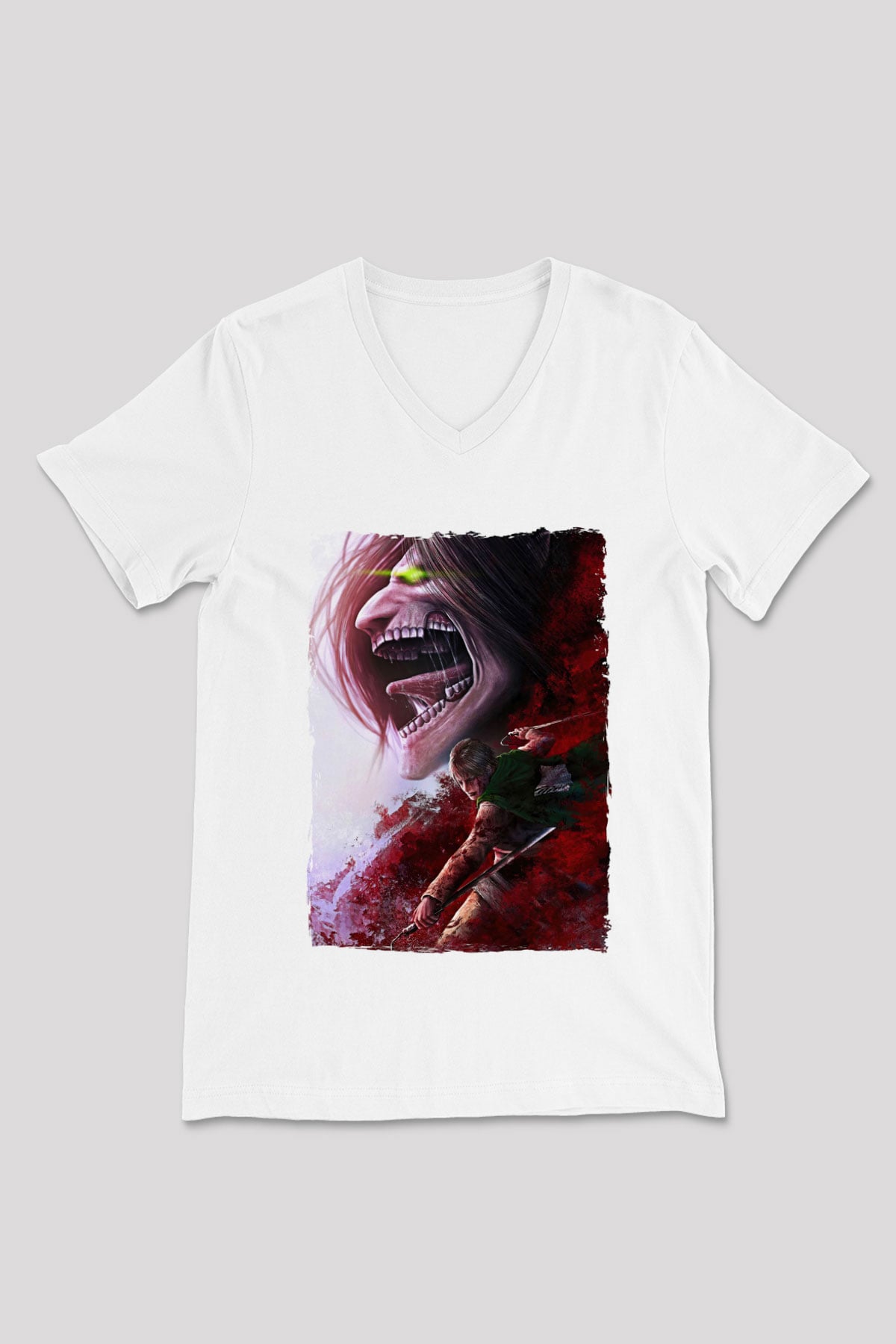 Attack On Titan Baskılı Beyaz Unisex V Yaka Tişört - Tshirt